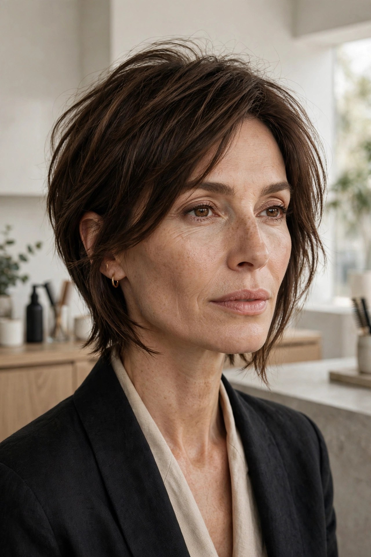 Long pixie-bob with neck-grazing length and longer front, woman in her 40s