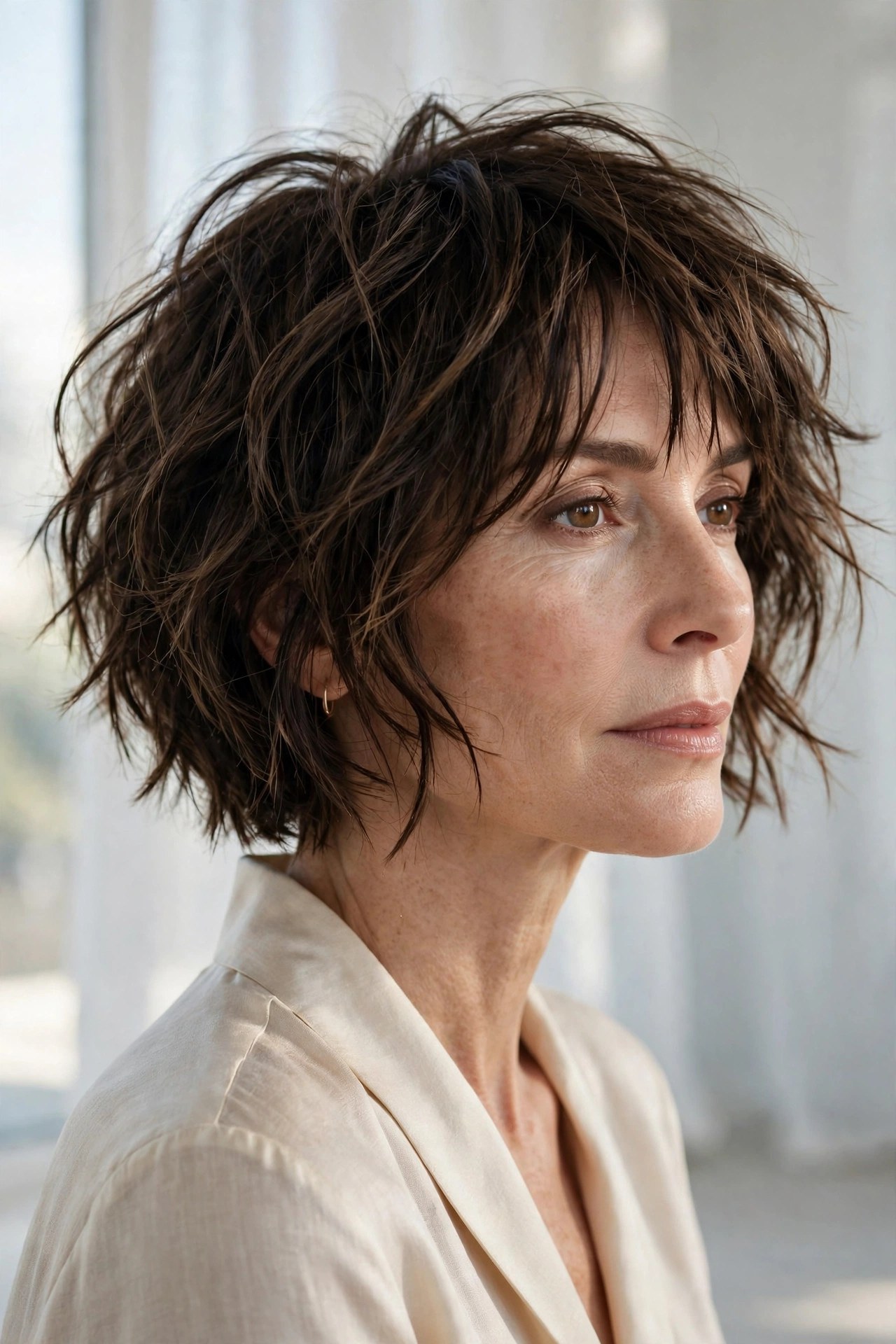 Choppy textured bob with piecey separated strands, woman in her 40s