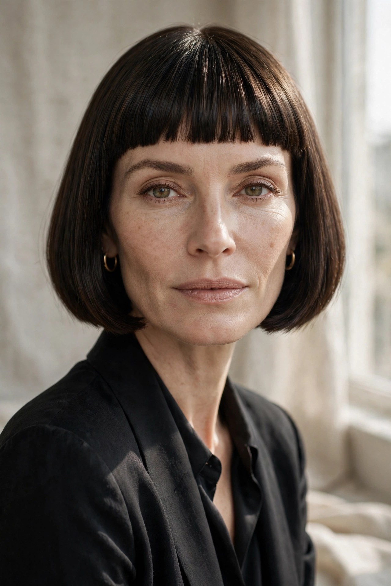 Bob haircut with bold short micro fringe bangs, woman in her 40s