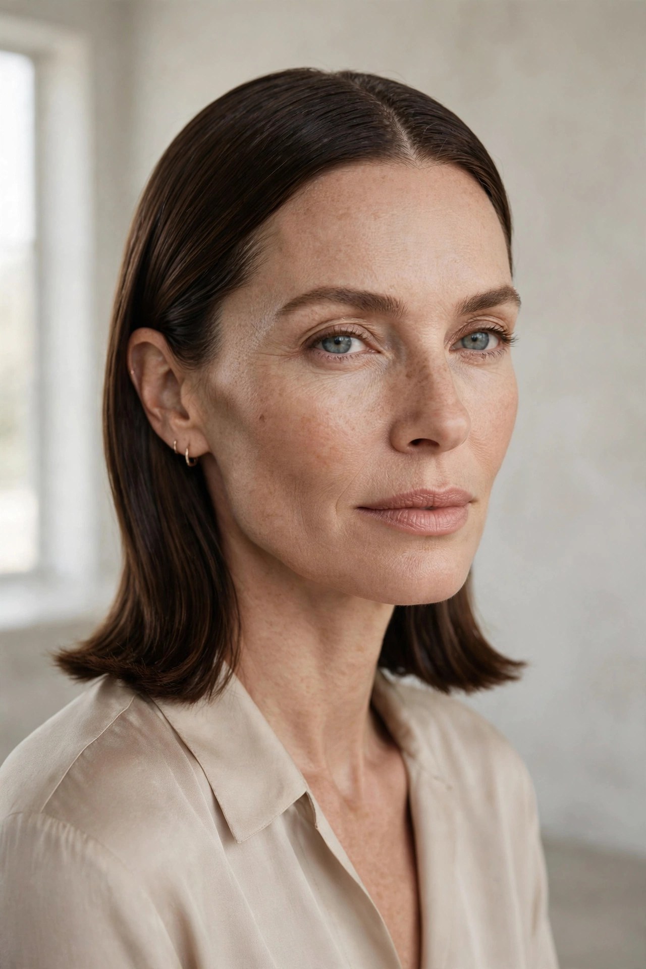 Center-part sleek lob with polished smooth finish, woman in her 40s