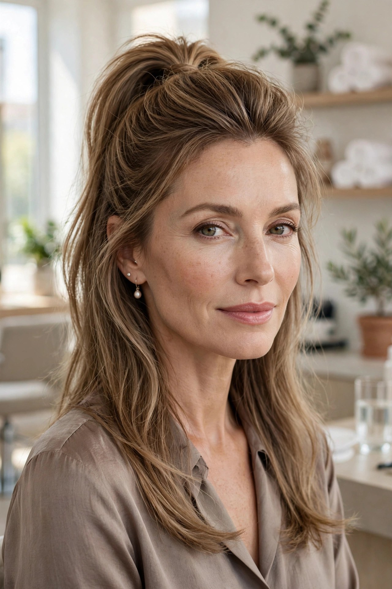 High half-ponytail with boosted crown volume, woman in her 40s