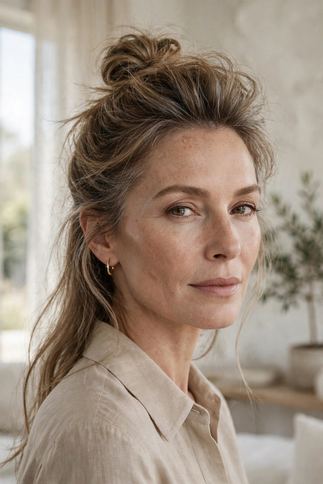 Half-up top knot with teased crown fullness, woman in her 40s