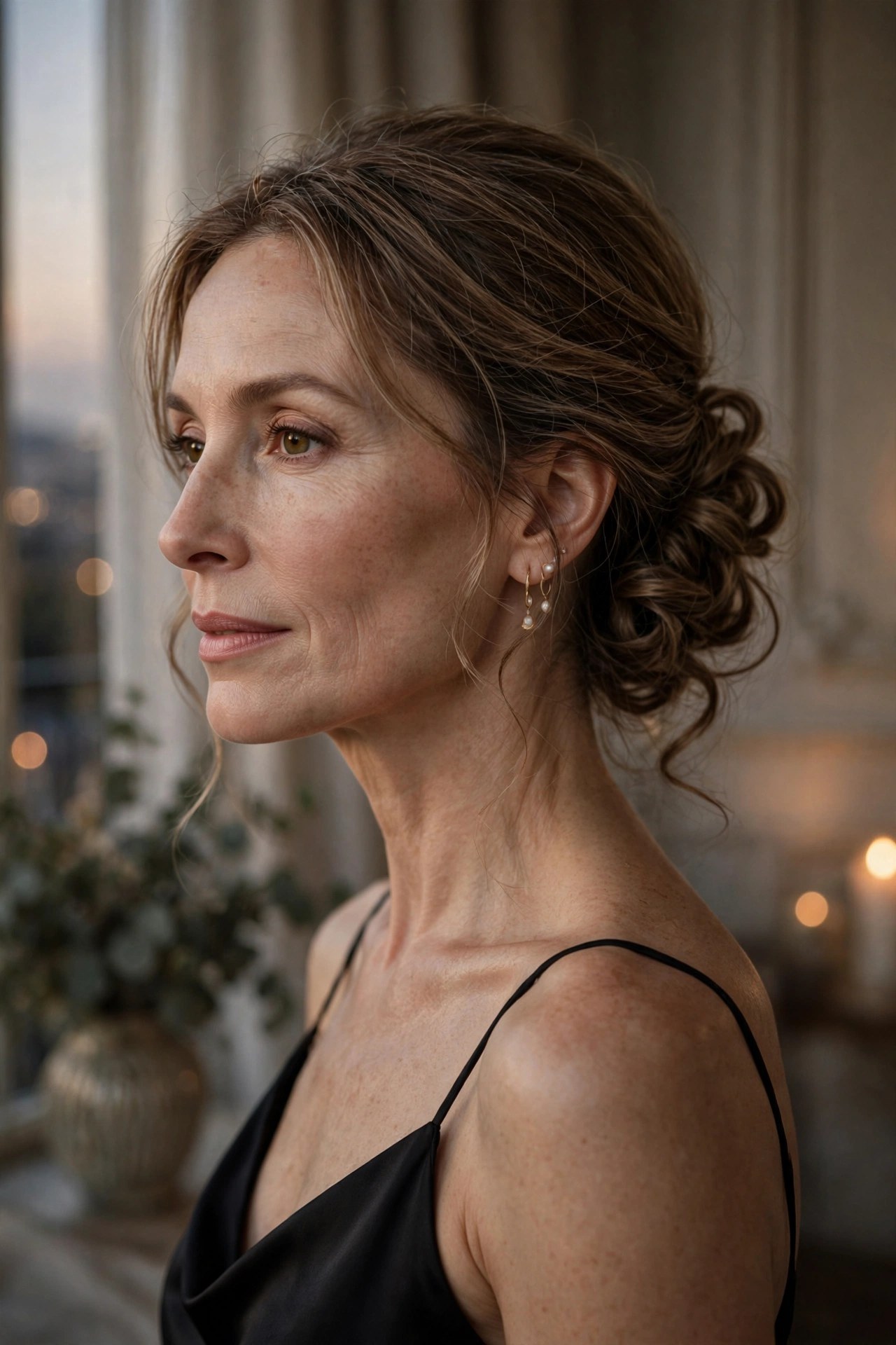Low twisted chignon updo with soft romantic twists, woman in her 40s