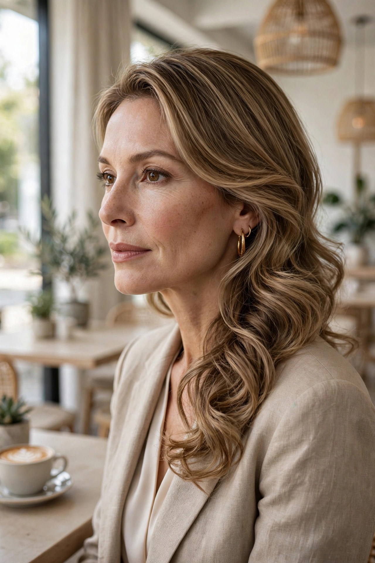 Side-swept shoulder waves with hair to one side, woman in her 40s