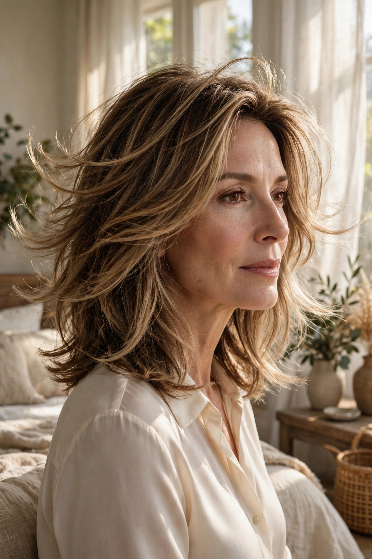 Feathered mid-length layers with soft movement, woman in her 40s