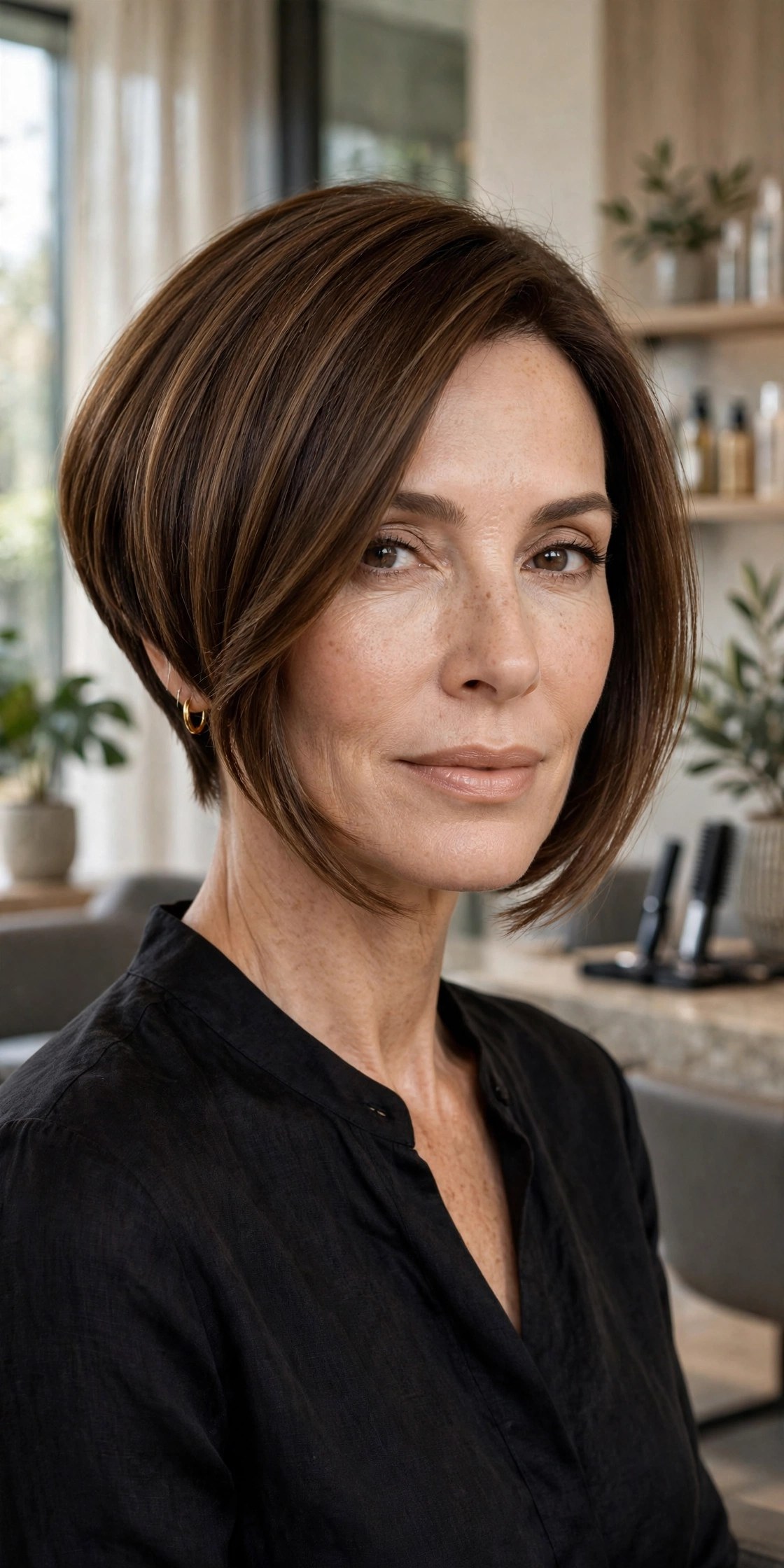 Graduated inverted bob with shorter back, woman in her 40s