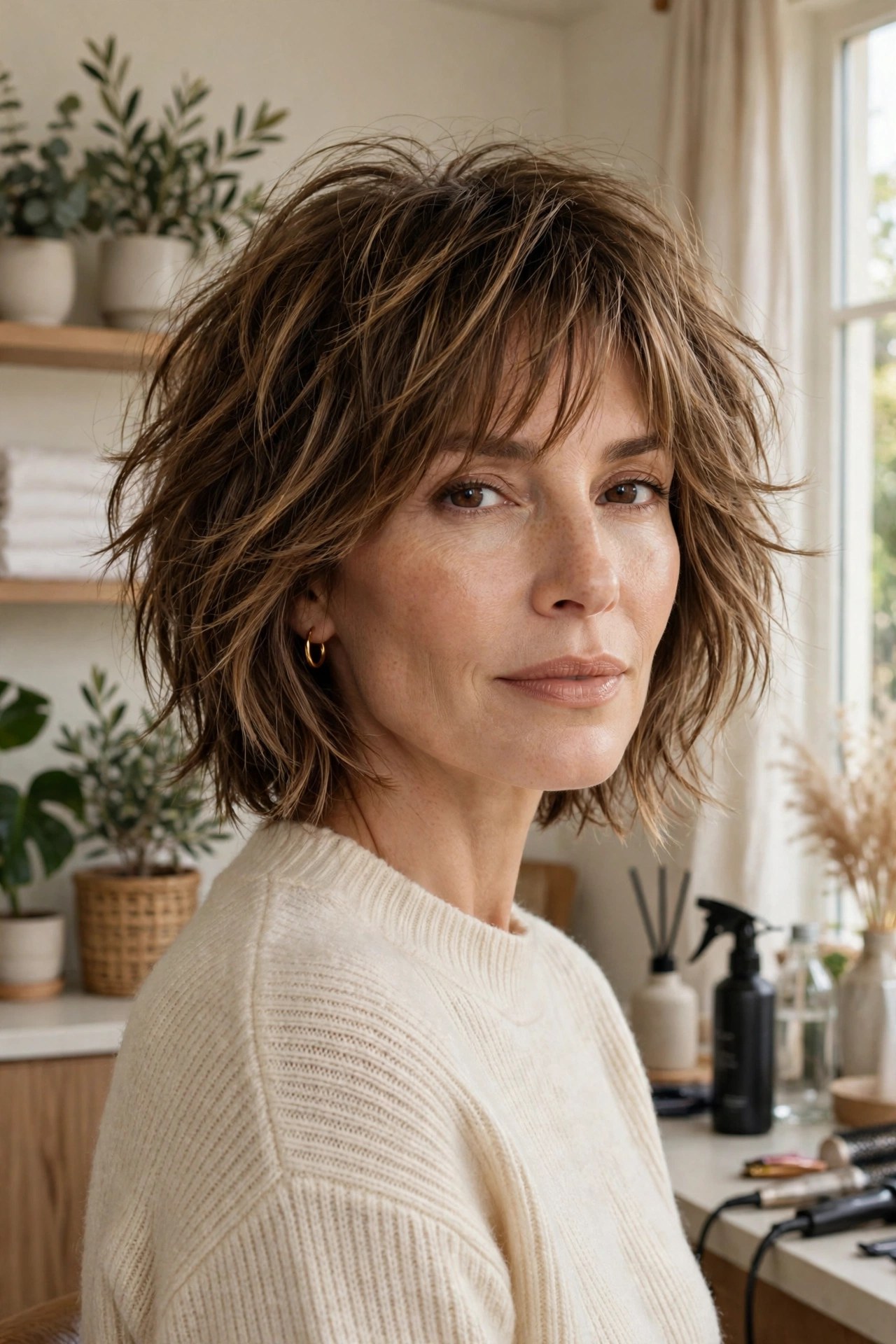 Soft shag-bob hybrid with airy broken layers, woman in her 40s