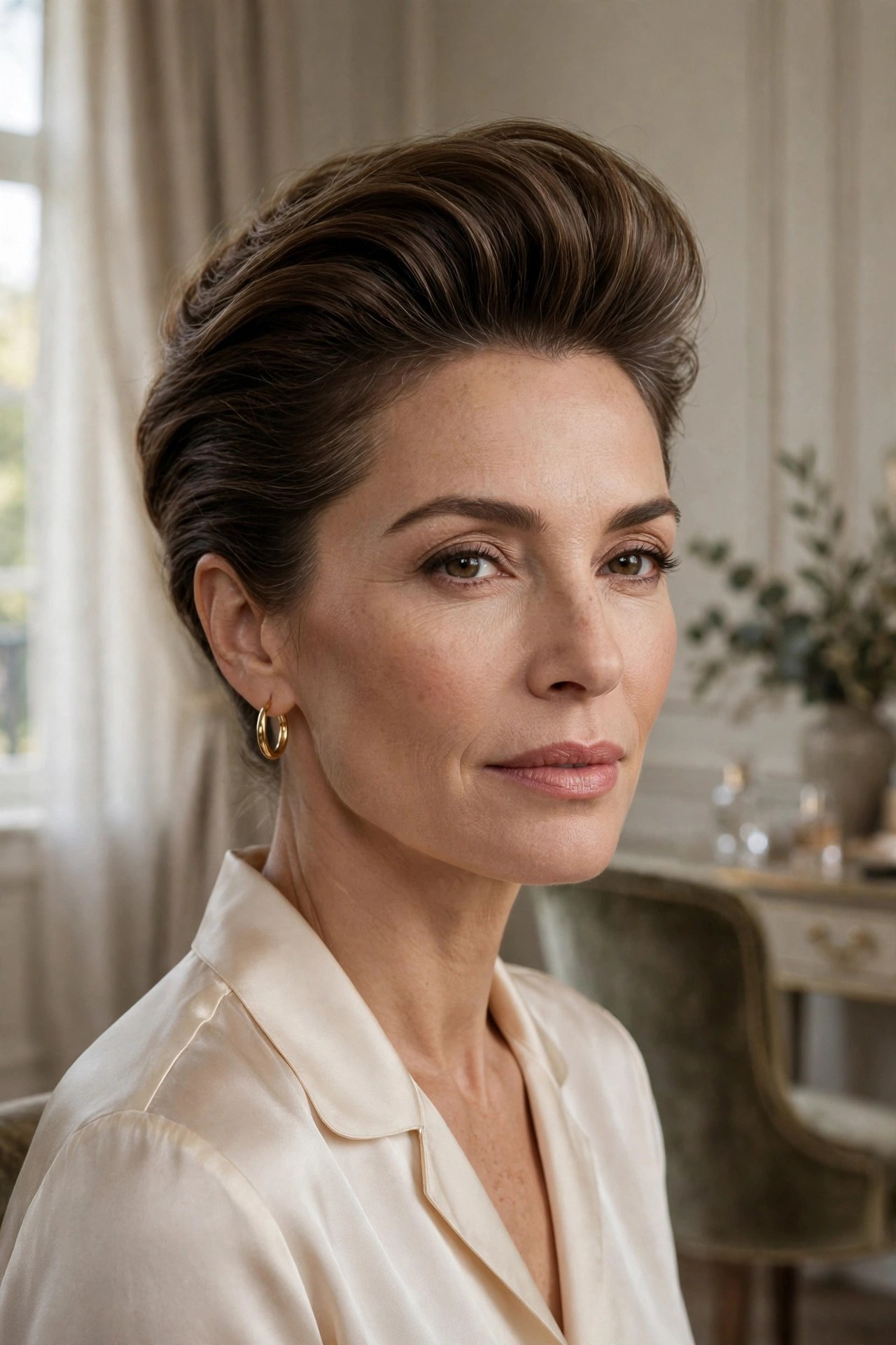 Brushed-up crown volume style with lifted roots, woman in her 40s