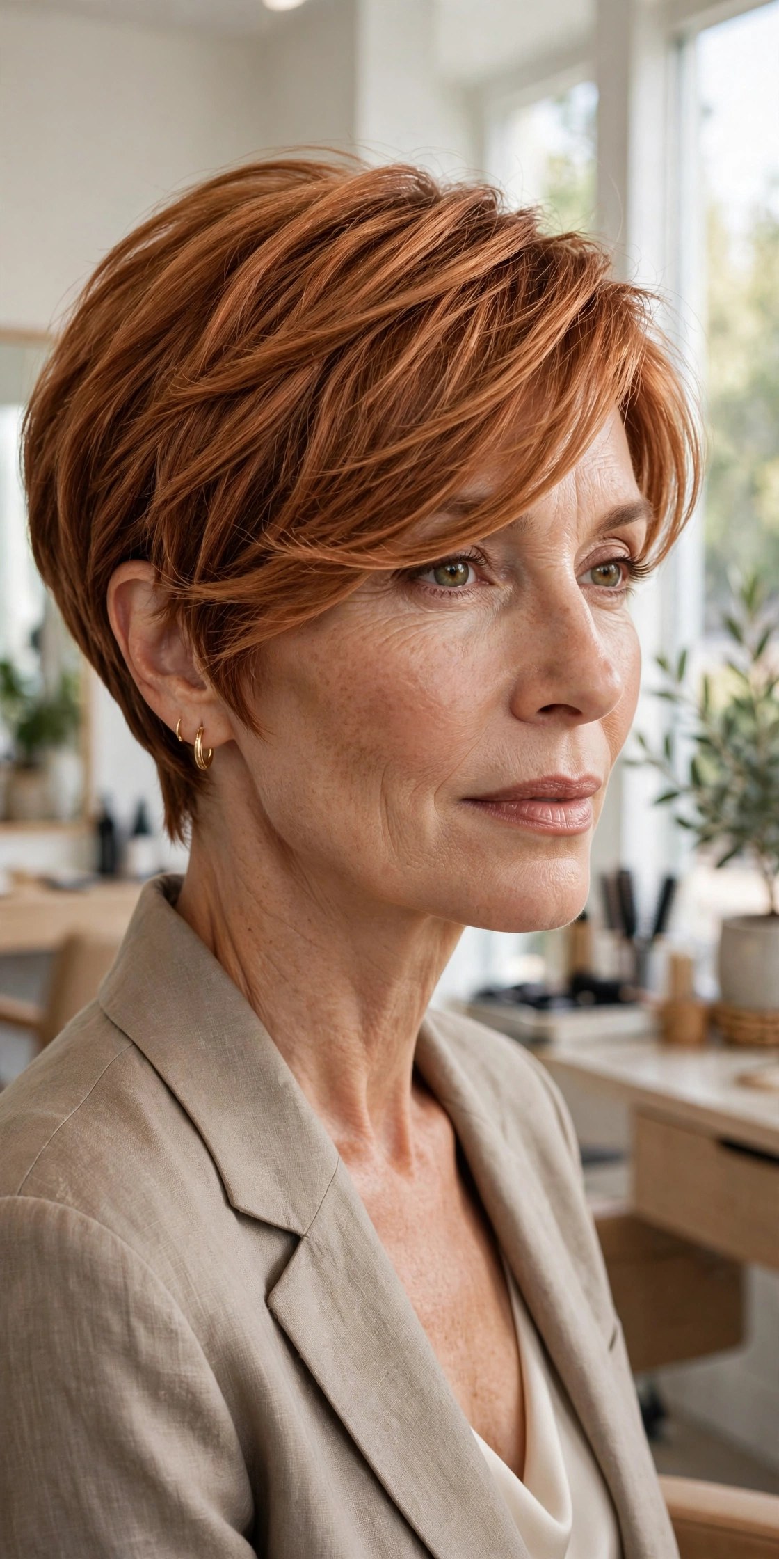 Copper pixie bob with side sweep on an elegant woman in her 50s
