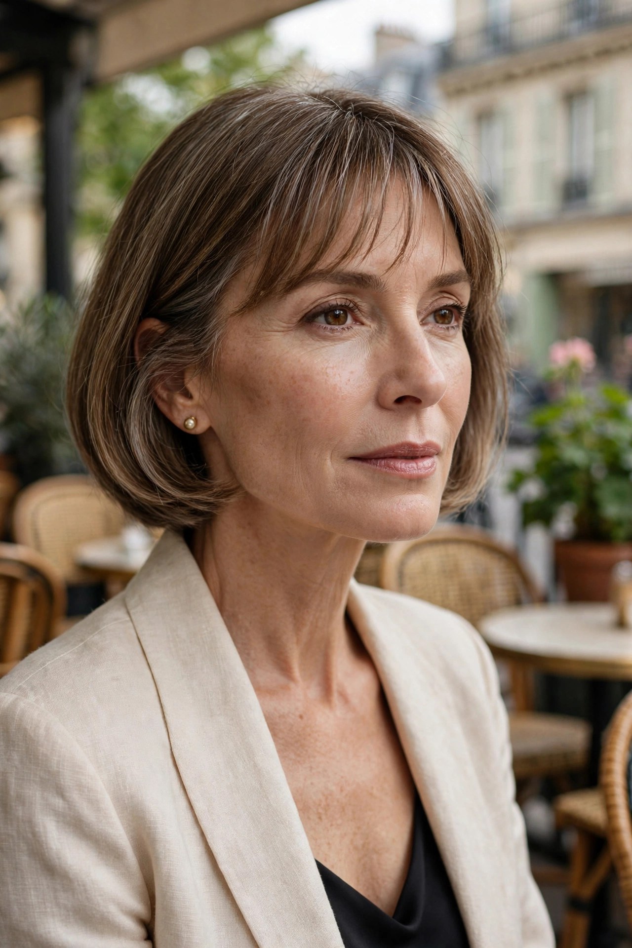 Soft French bob with whisper fringe on a woman in her 50s