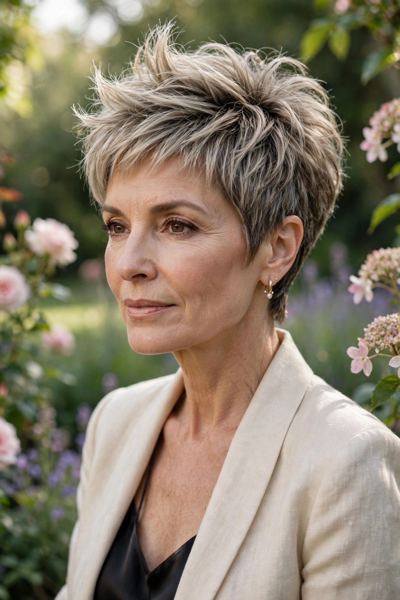 Textured pixie with lifted crown on a woman in her 50s