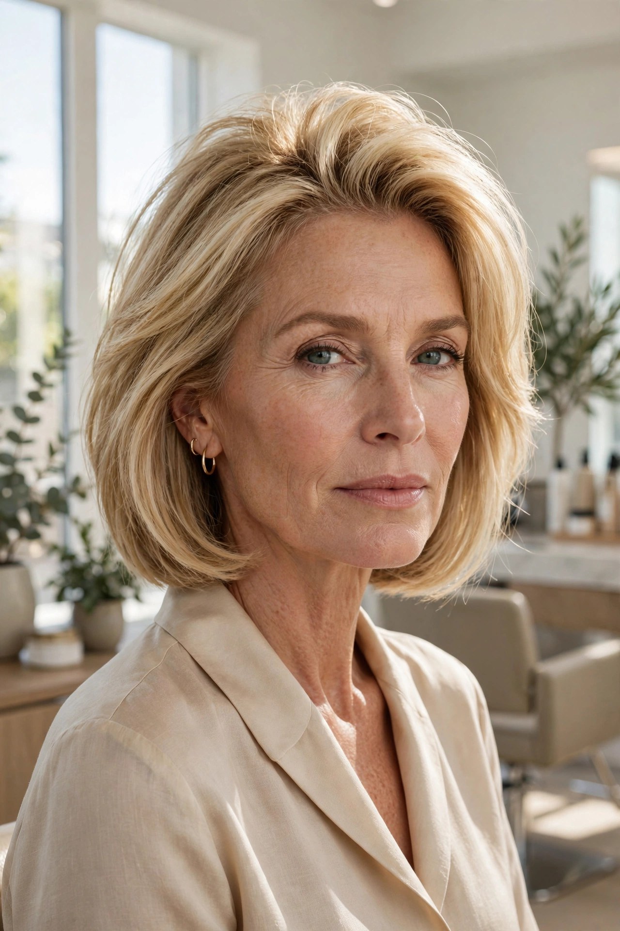 Sun-kissed chin-length bob with hidden lift on a woman in her 50s