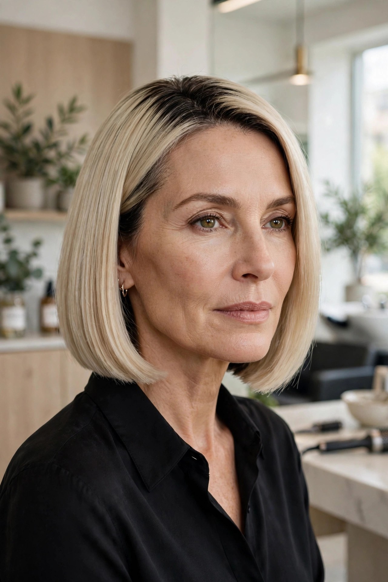 Pearl blonde blunt bob with shadow root on a woman in her 50s