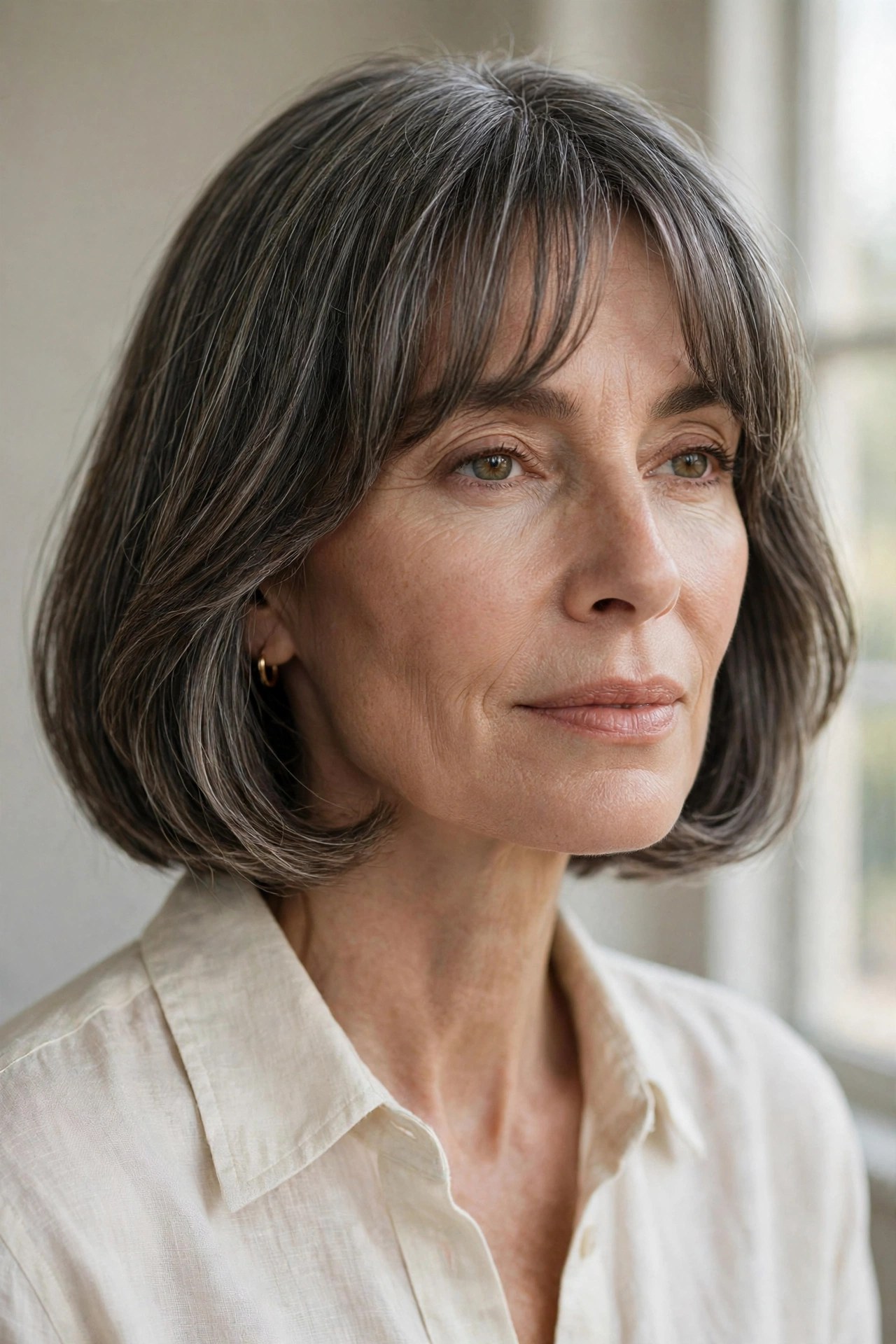 Chin bob with curtain fringe and rounded ends on a woman in her 50s