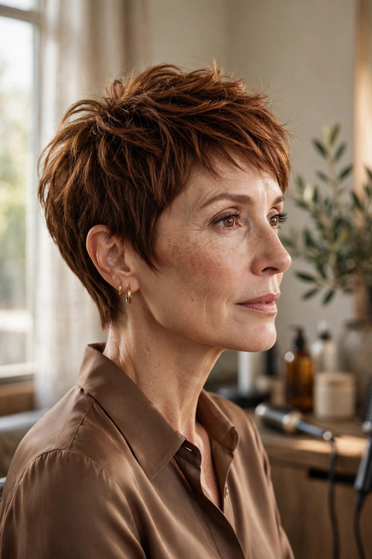 Spiced bronze textured pixie on a woman in her 50s
