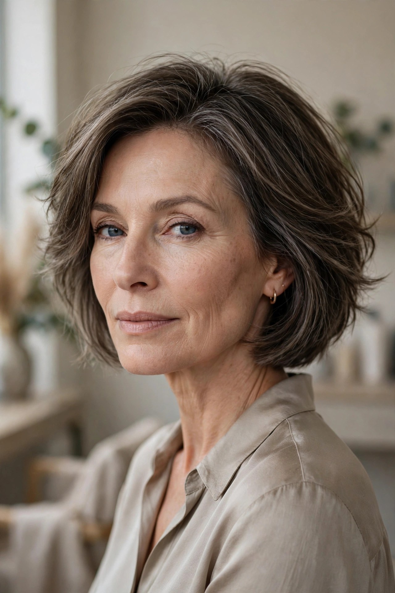 Jawline-skimming bob with airy layers on a woman in her 50s