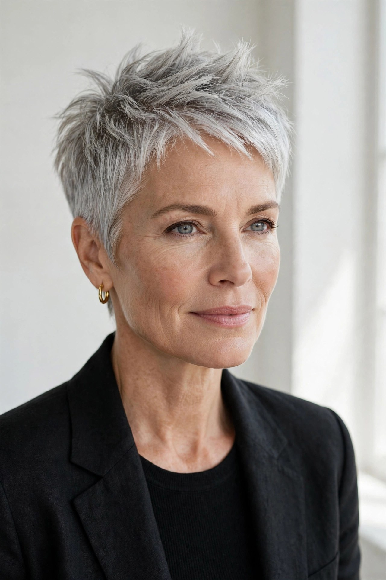Silver pixie with softly spiked crown on a woman in her 50s