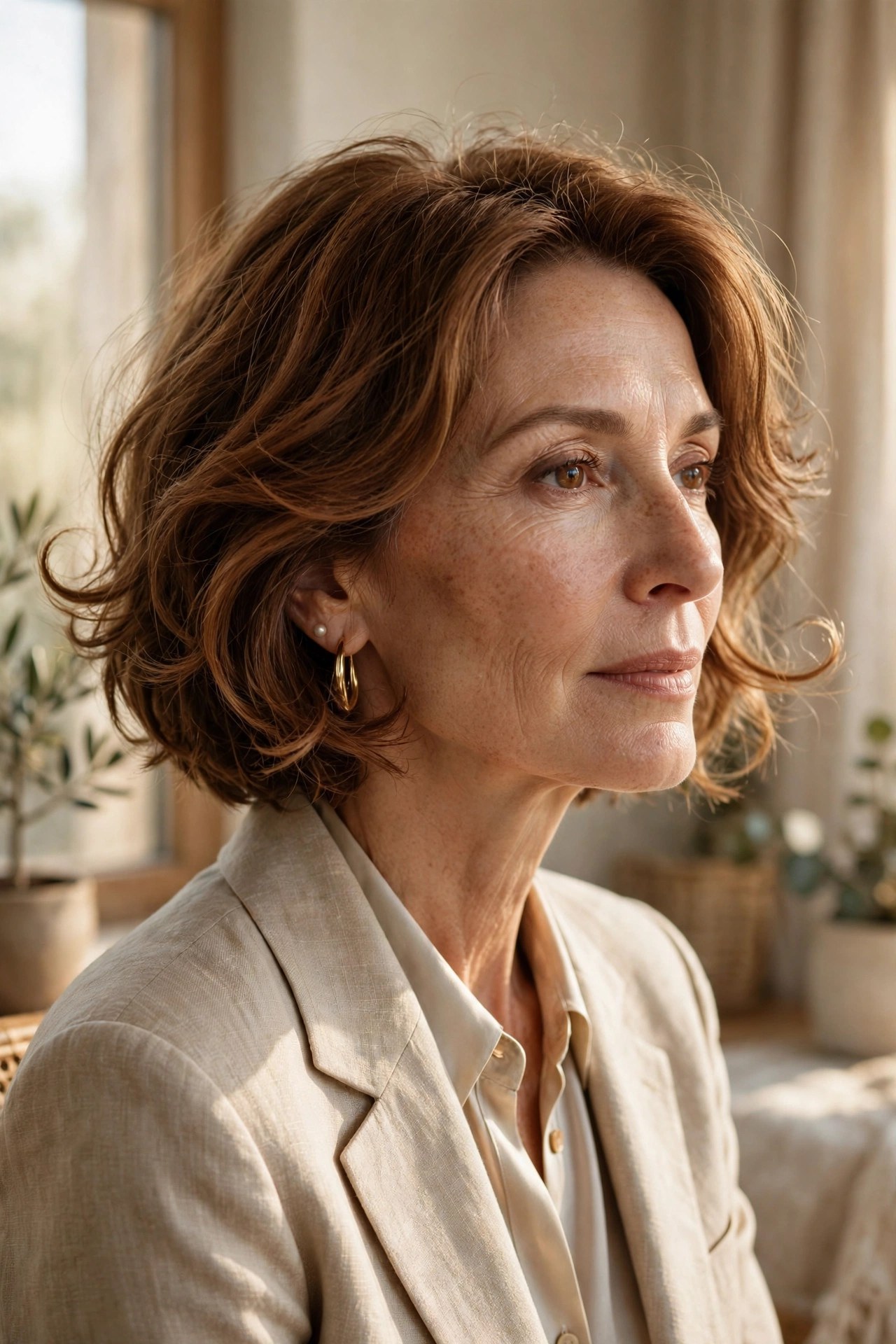 Cinnamon brown bob with wispy ends on a woman in her 50s
