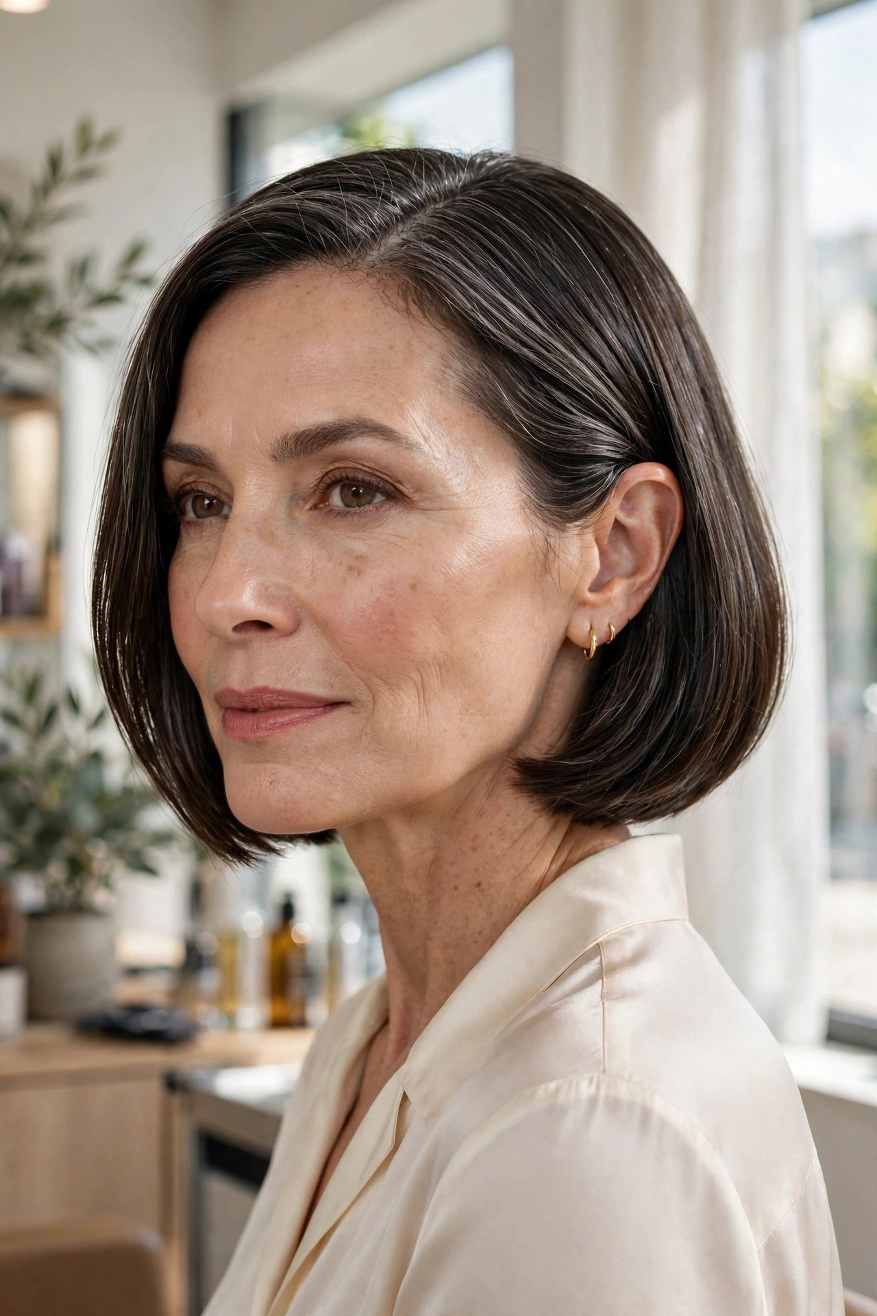 Polished bob tucked behind one ear on a woman in her 50s