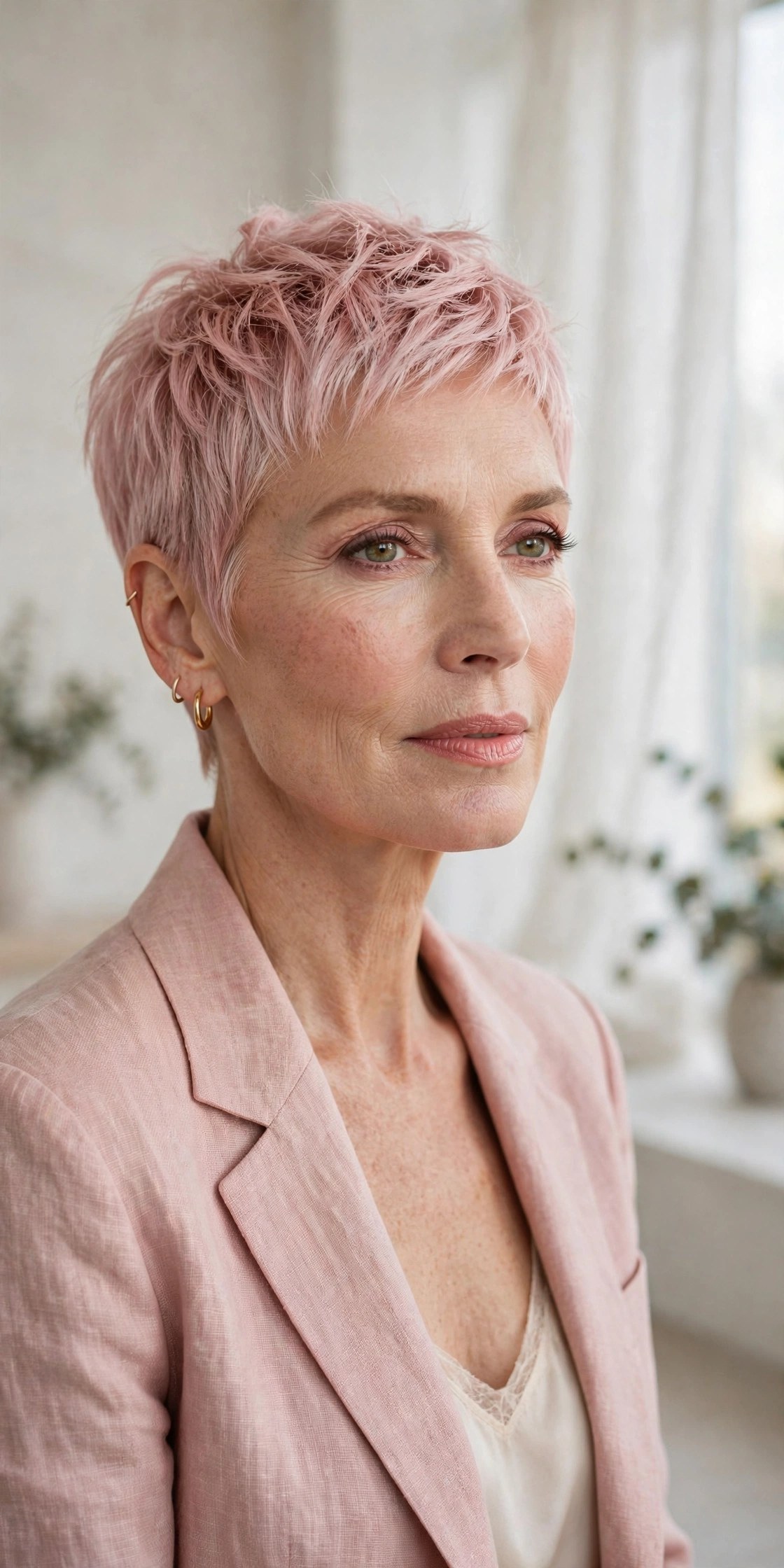 Ballet slipper pink pixie on a woman in her 50s