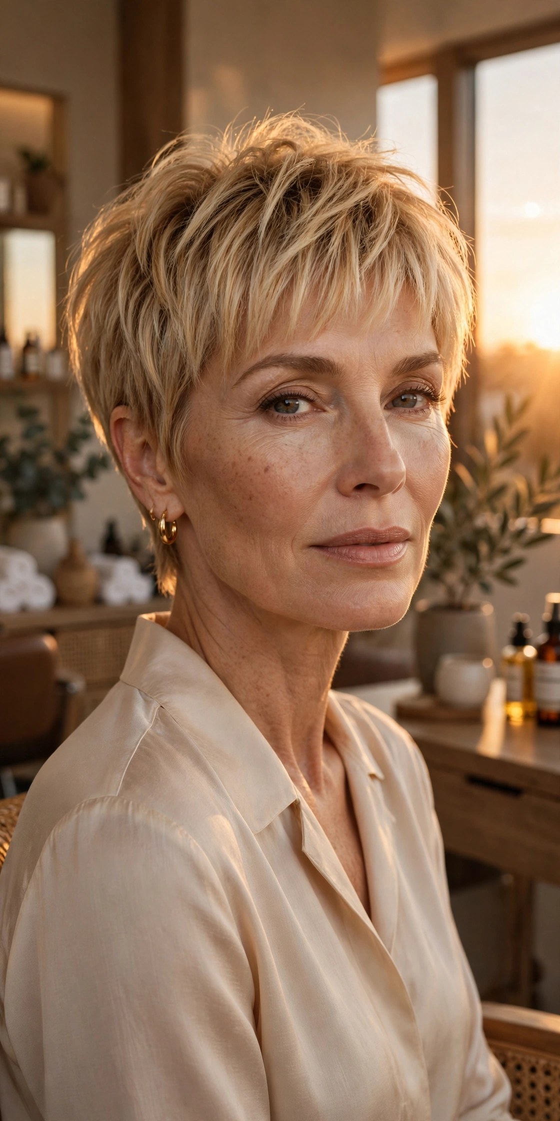 Golden blonde pixie with piecey fringe on a woman in her 50s