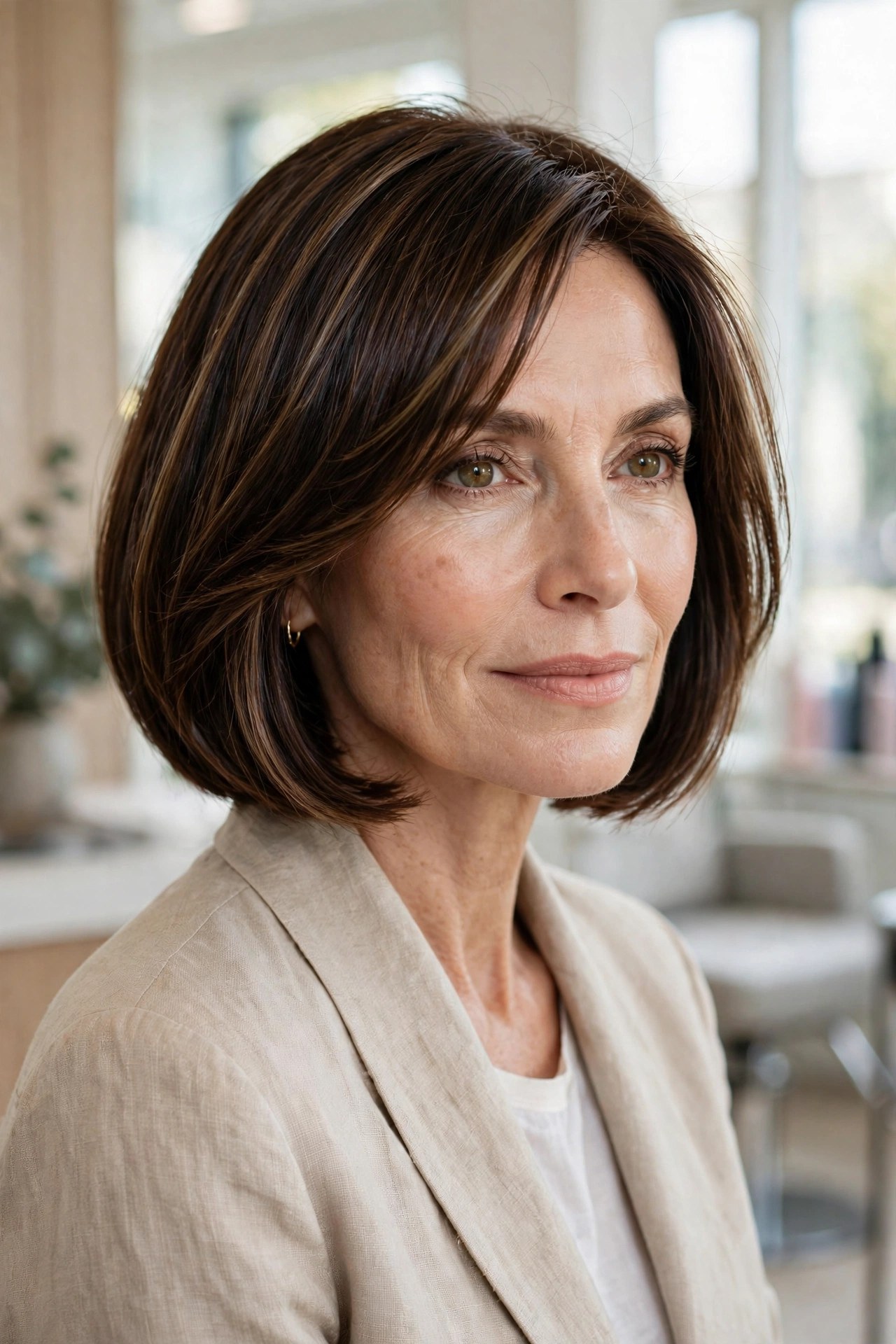 Brunette bob with dimensional shine on a woman in her 50s