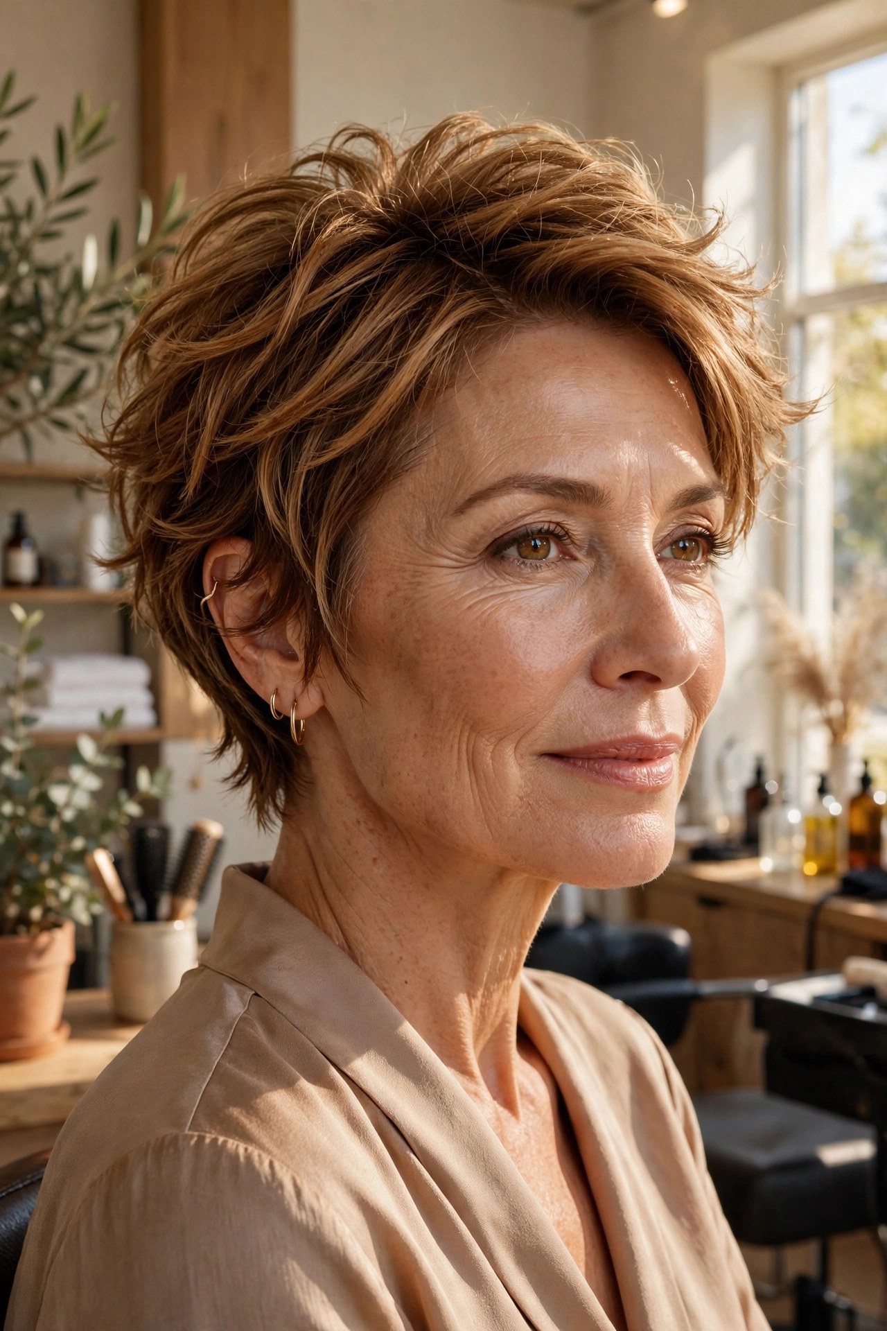 Toasted caramel bixie with feathered sides on a woman in her 50s