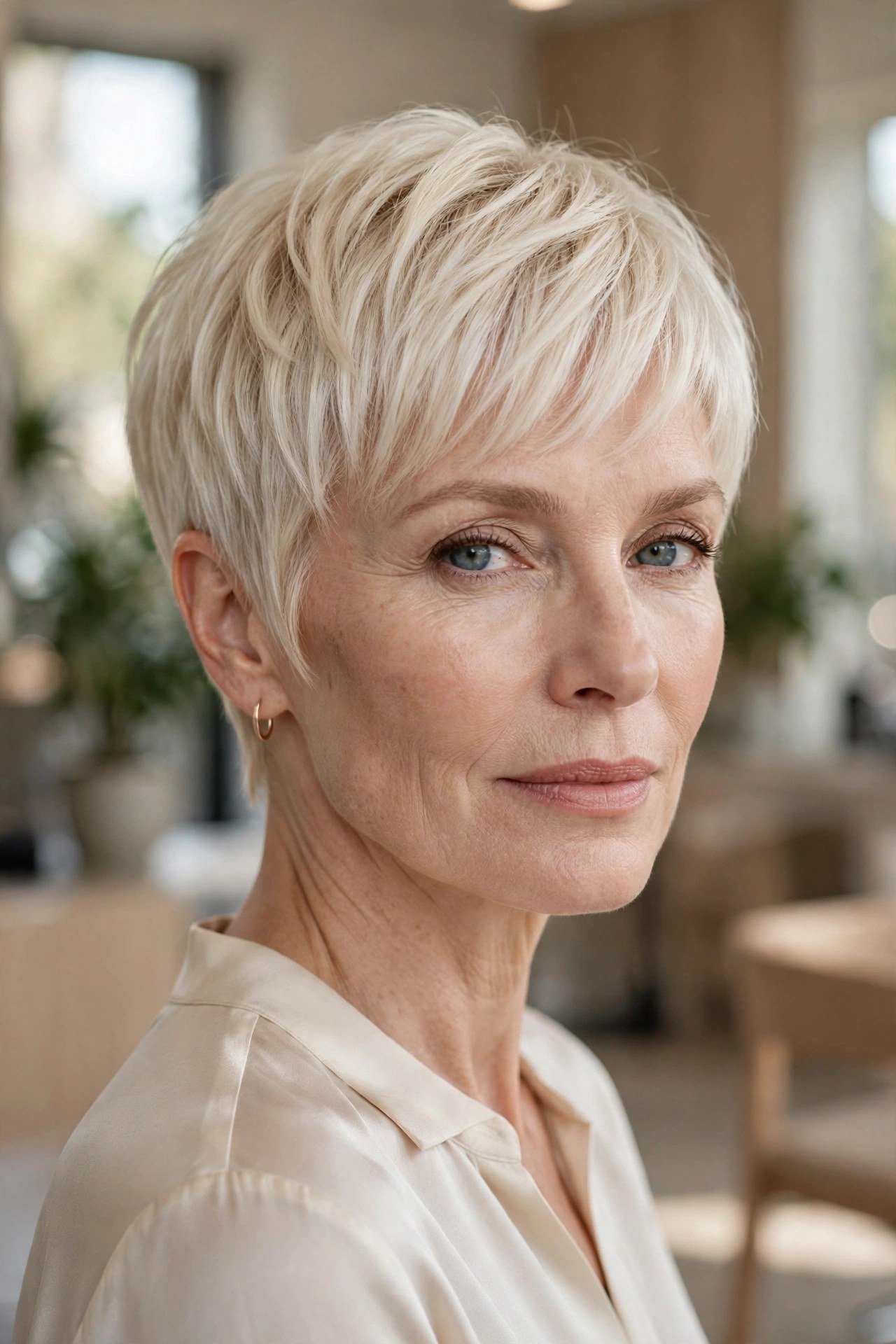 Ivory blonde pixie bob brushed forward on a woman in her 50s