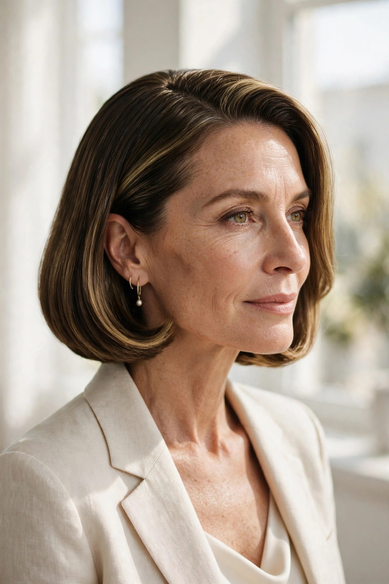 Elegant side part bob with tucked ends on a woman in her 50s