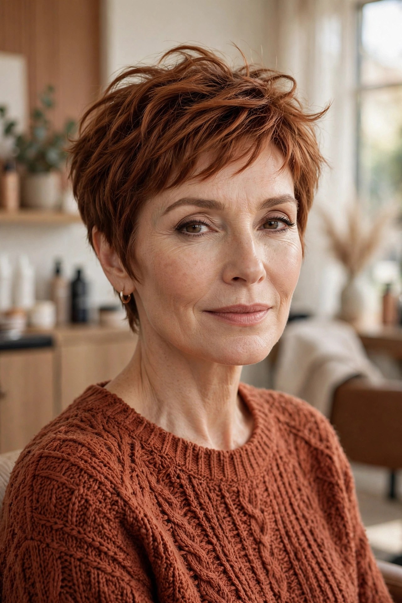 Soft auburn pixie with lifted top on a woman in her 50s