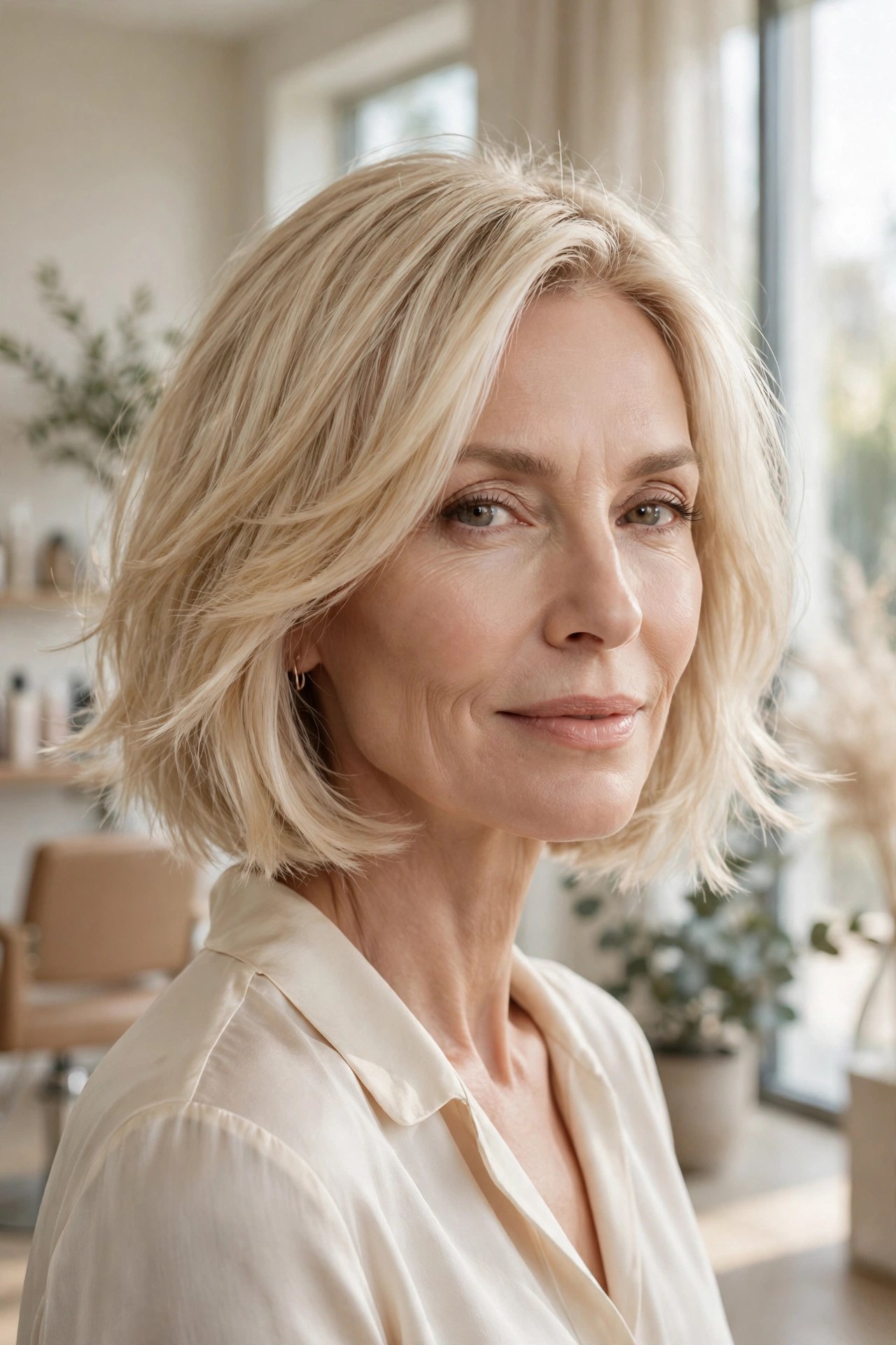 Champagne blonde chin bob with feathered ends on a woman in her 50s