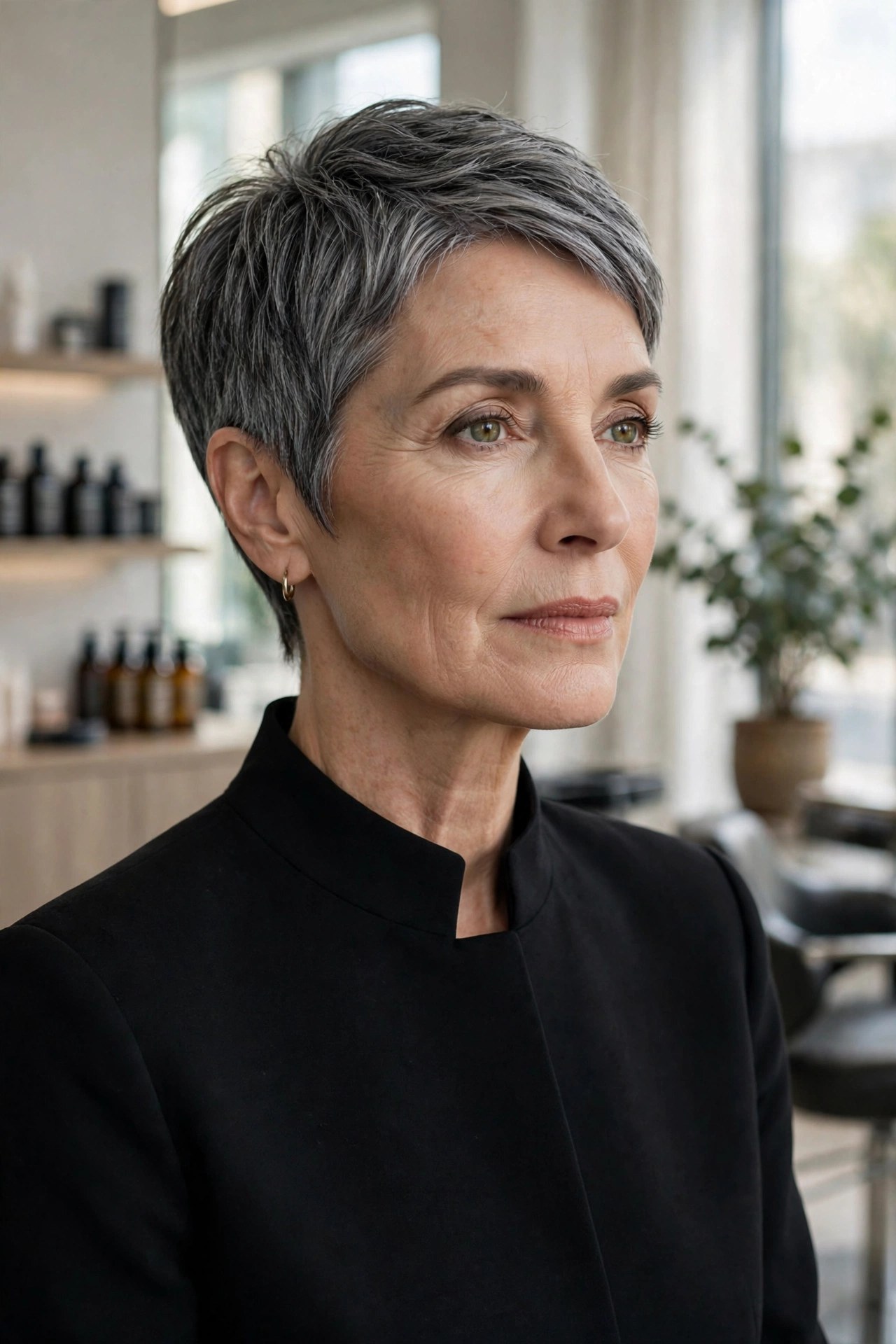 Charcoal silver pixie with tapered neckline on a woman in her 50s