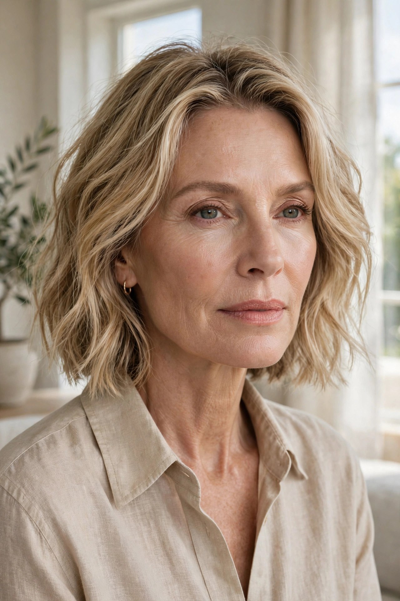 Sandy blonde chin bob with loose waves on a woman in her 50s