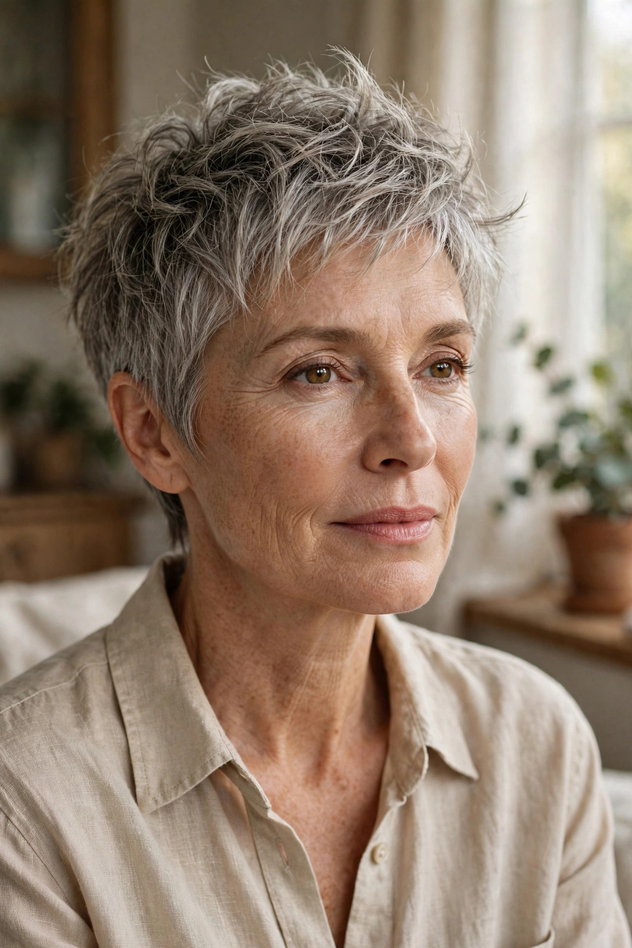 Easy air dried pixie with natural texture on a woman in her 50s