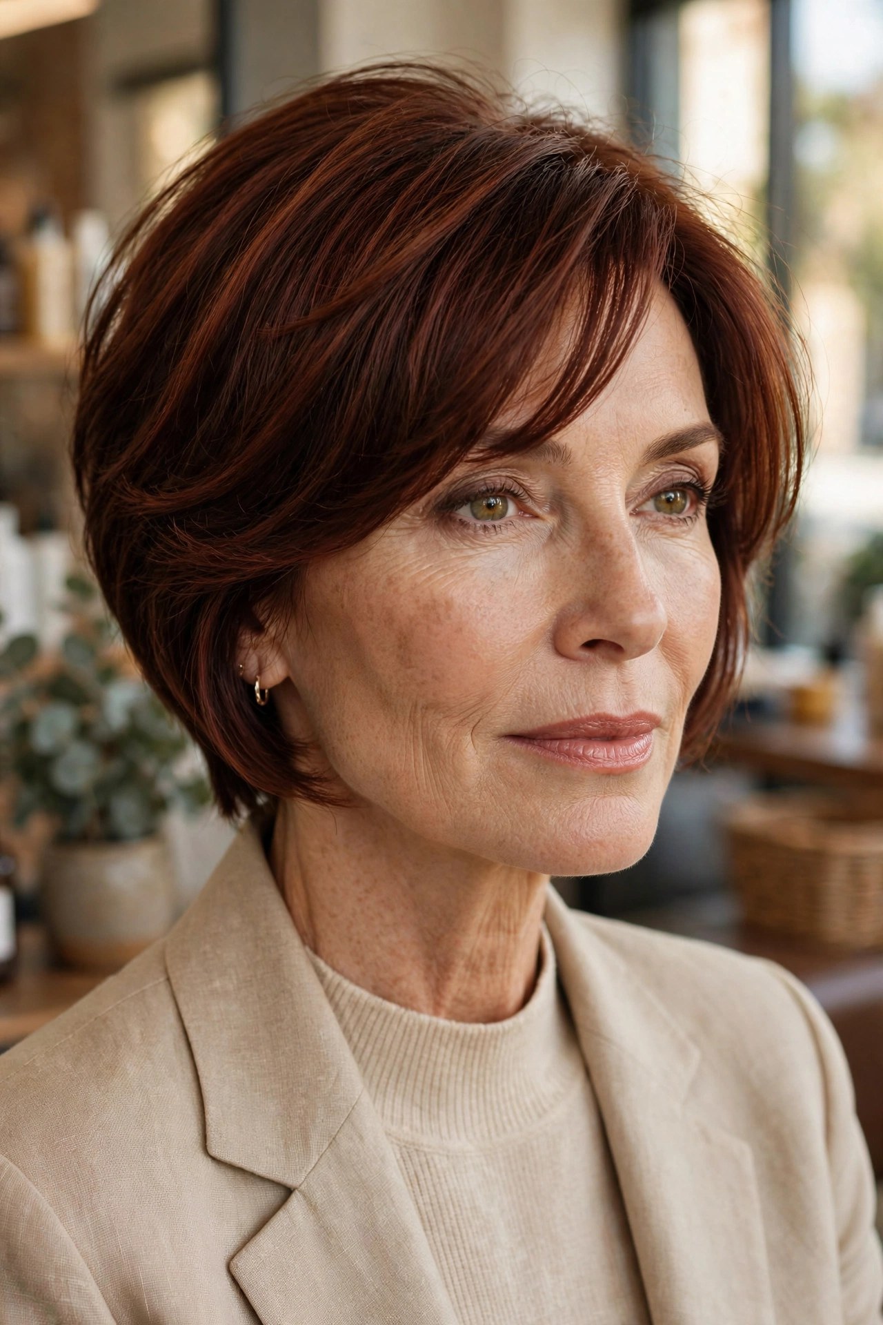 Mahogany bixie with soft face framing on a woman in her 50s