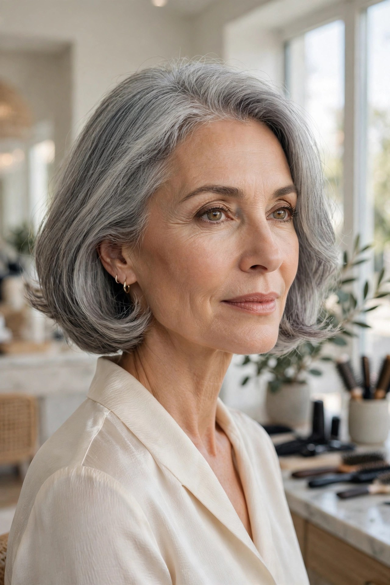Misty gray bob with softly bent ends on a woman in her 50s