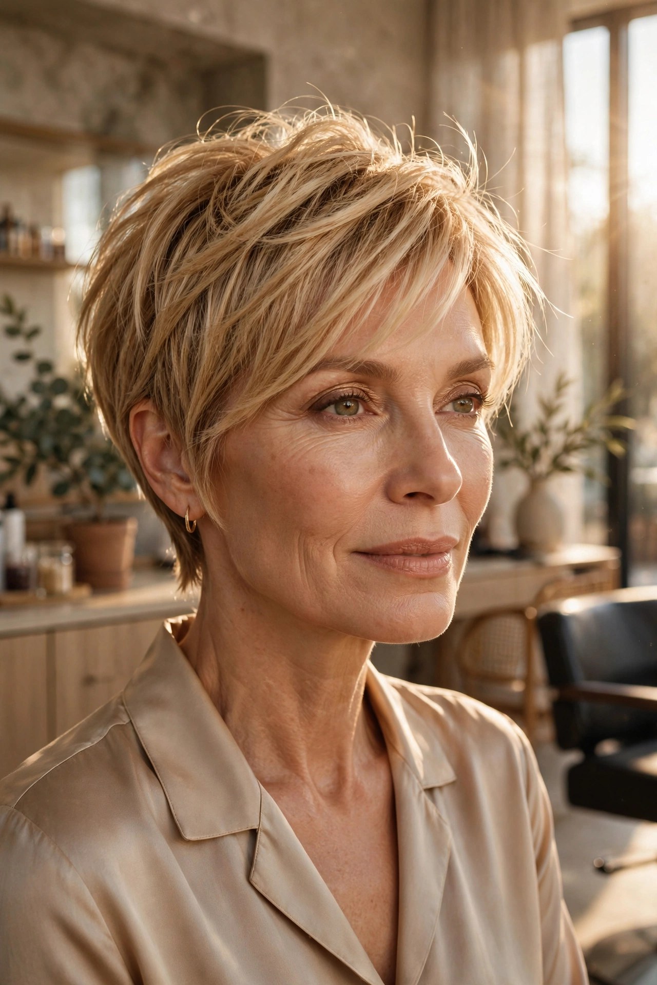 Honeyed pixie with long wispy top on a woman in her 50s