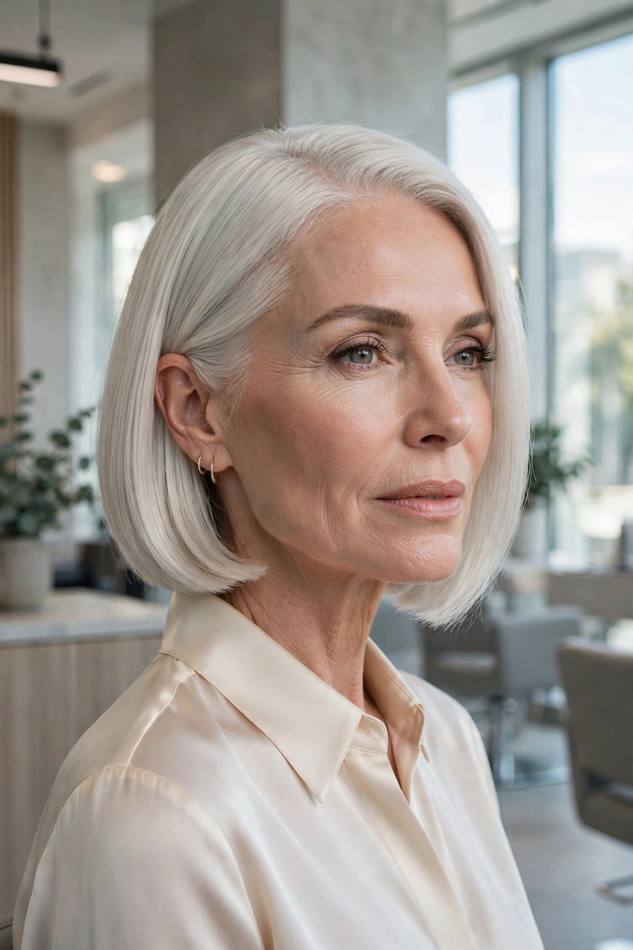 Platinum ice blonde bob with sleek finish on a woman in her 50s