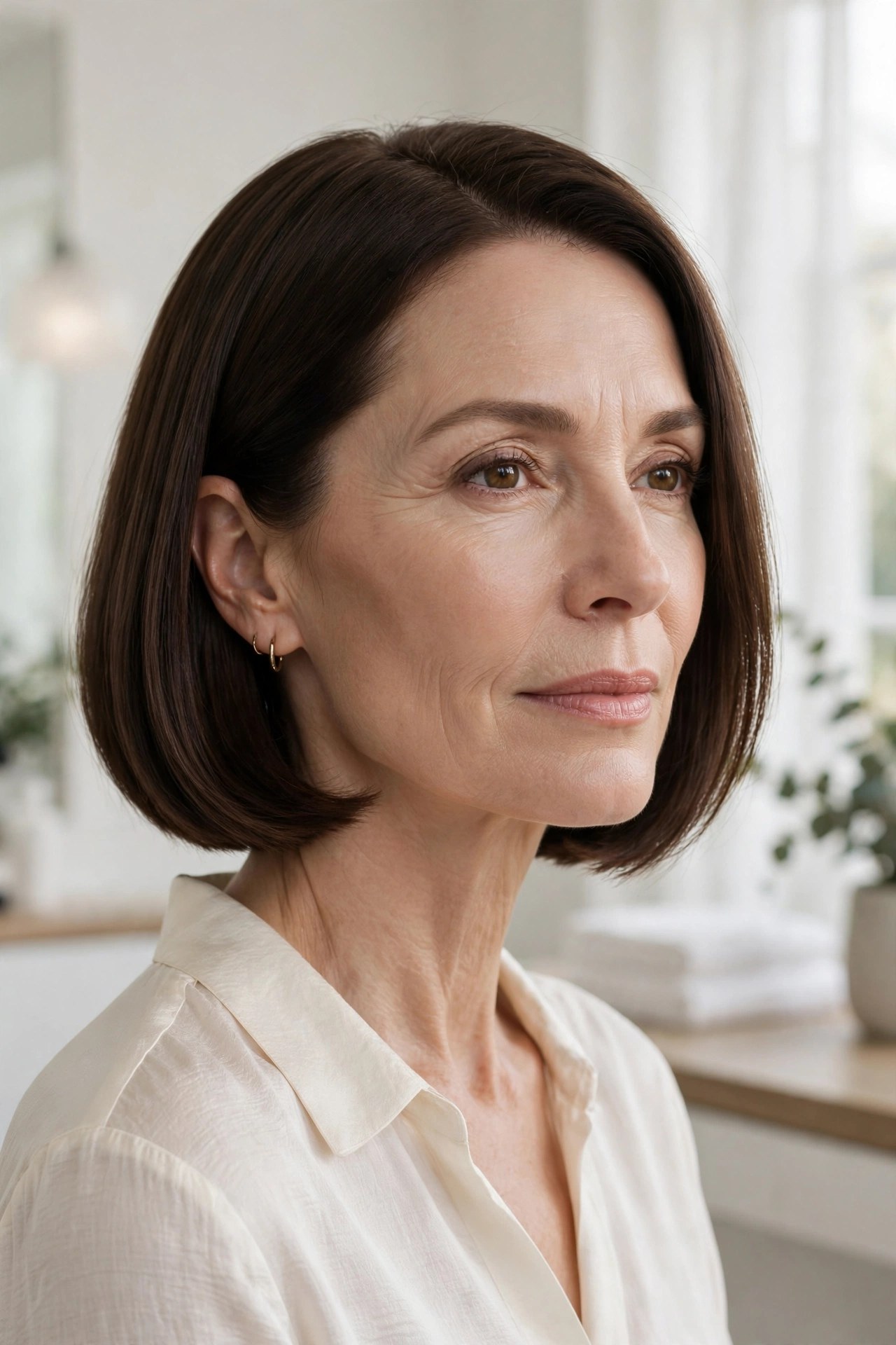 Quiet luxury chin bob in natural brunette on a woman in her 50s