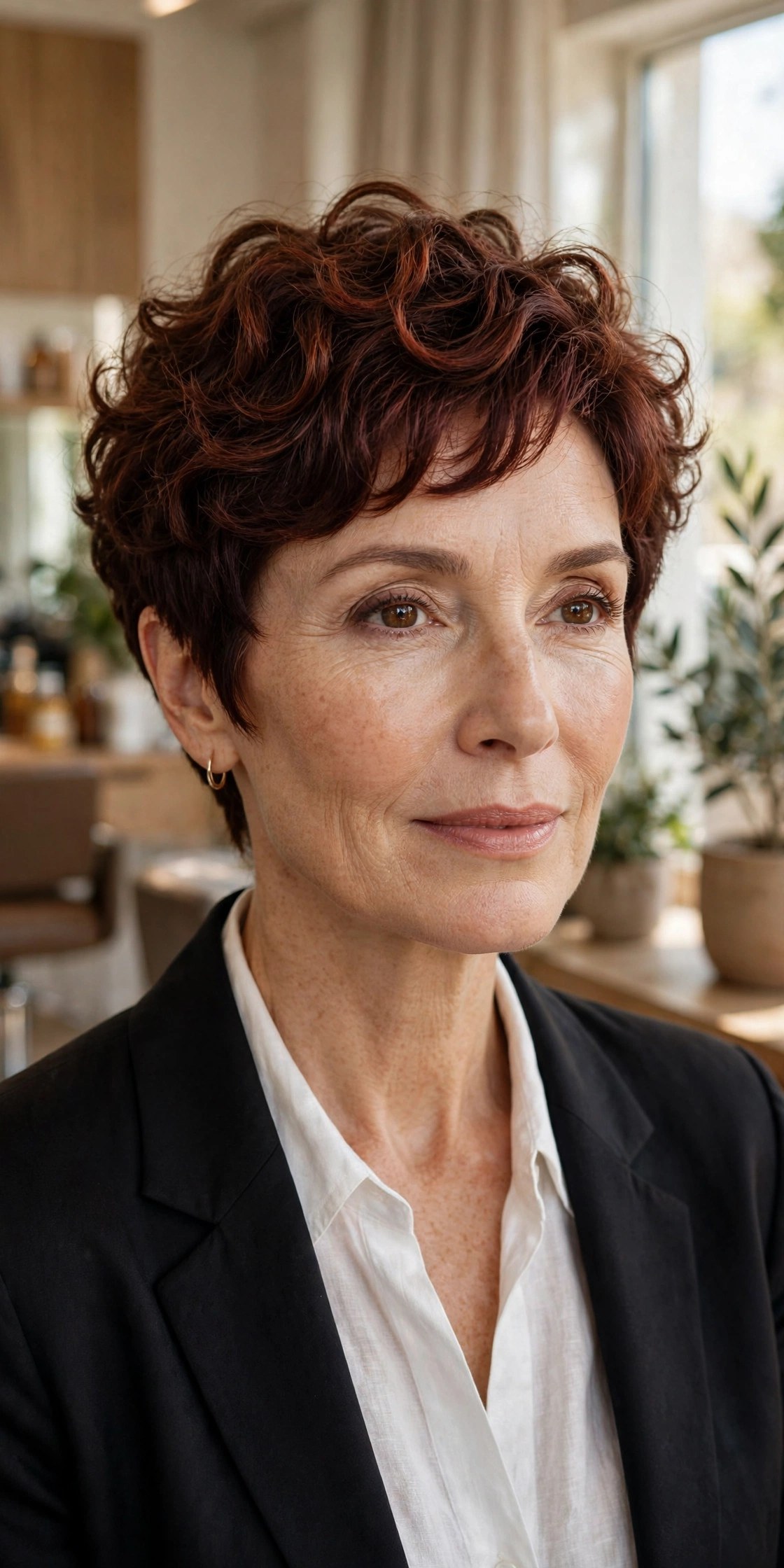 Rosewood pixie with natural curl lift on a woman in her 50s
