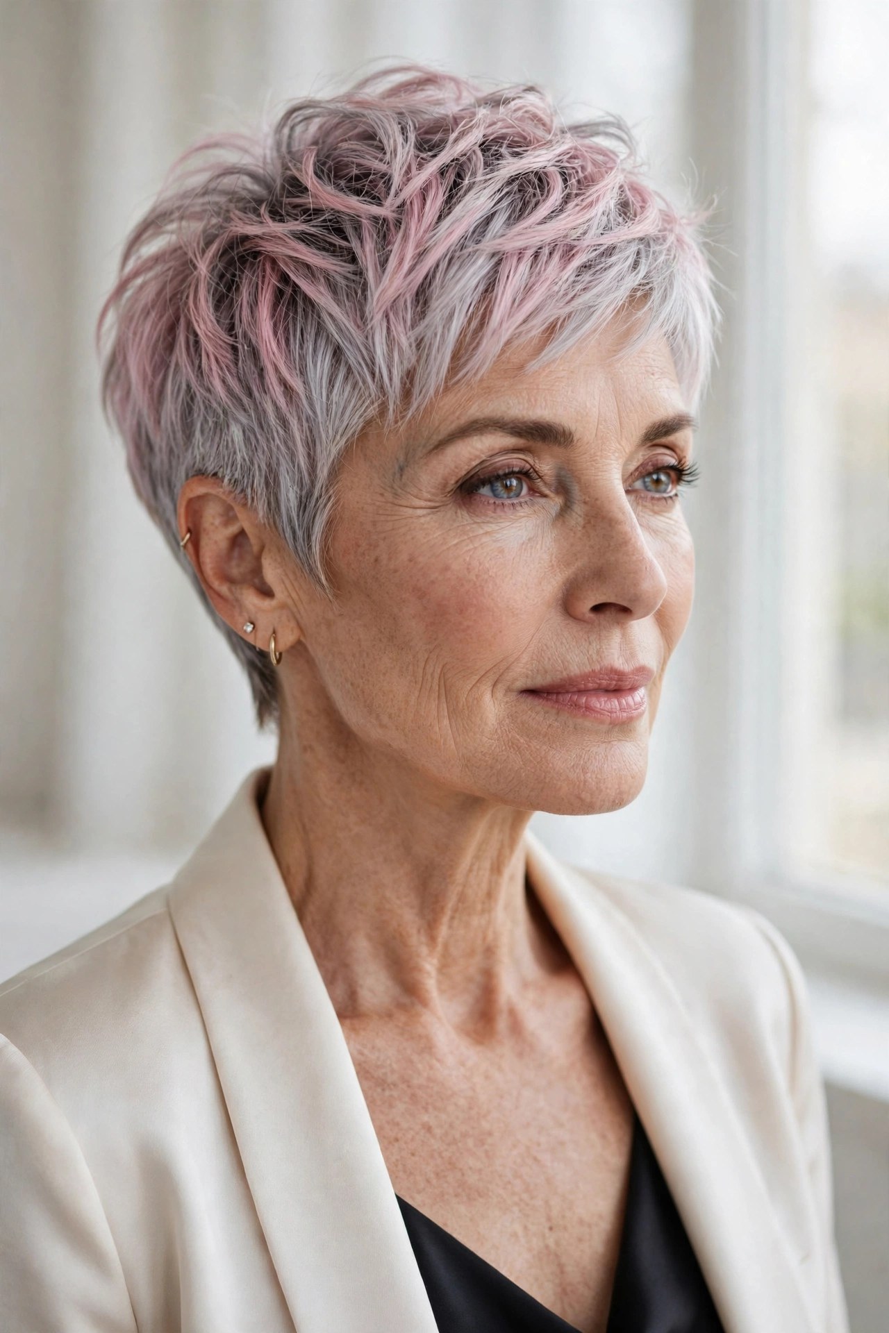Peony pink and silver pixie crop on a woman in her 50s