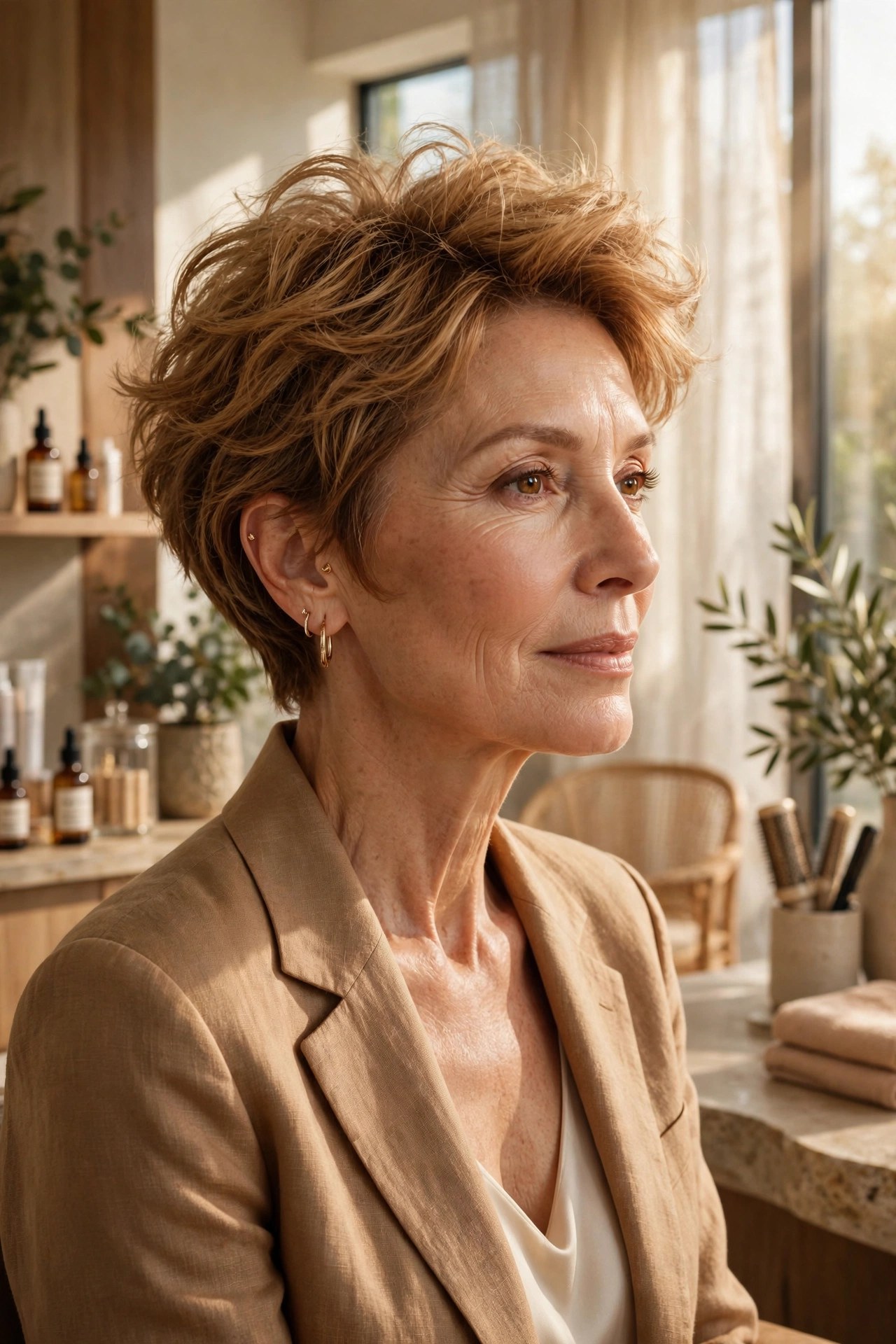 Butterscotch bixie with airy crown on a woman in her 50s