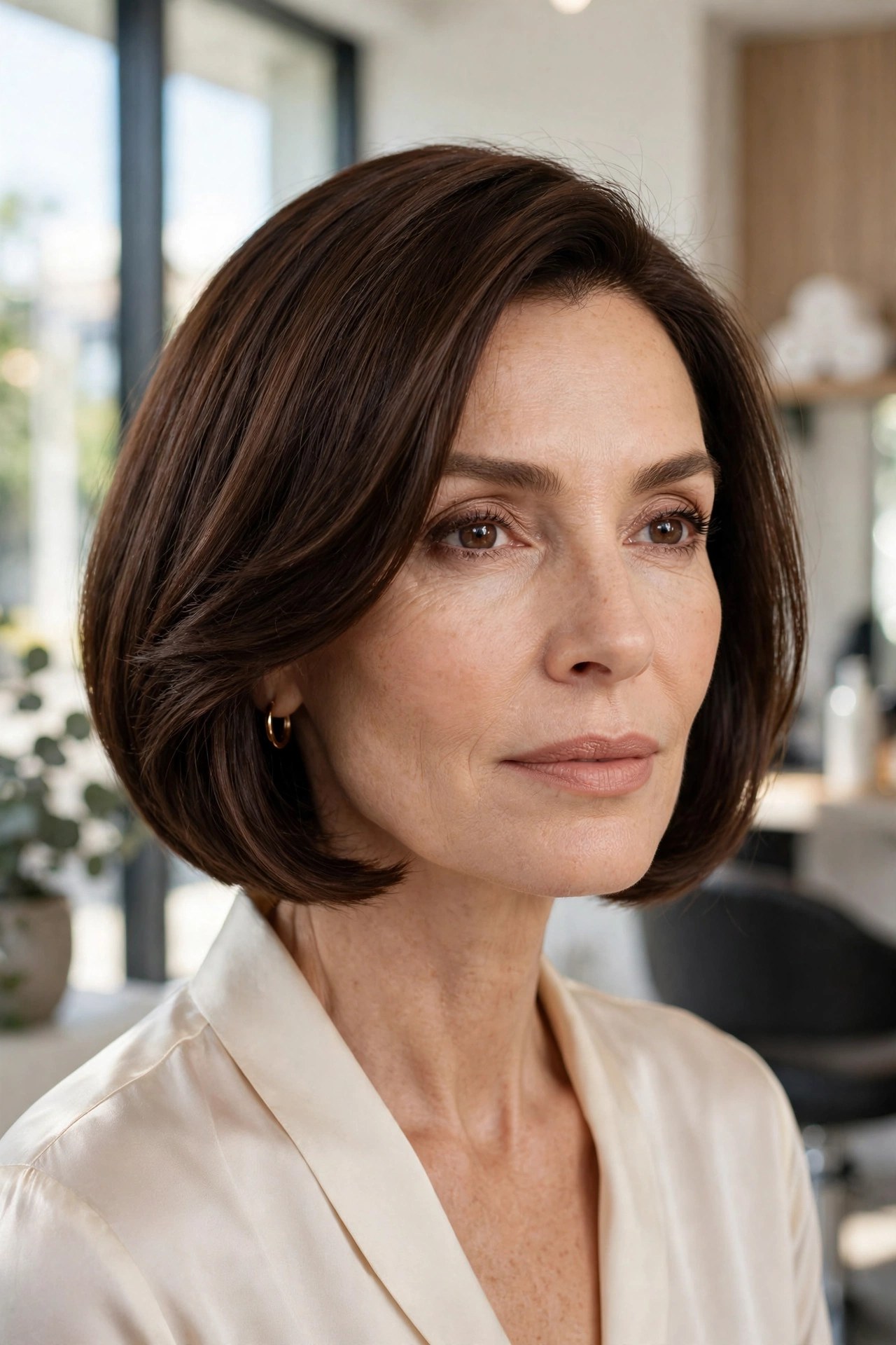 Velvet chocolate brown bob with shine on a woman in her 50s
