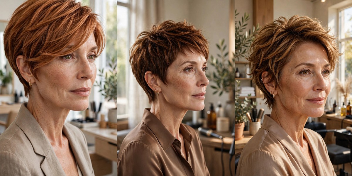 37 short hairstyles for thin fine hair over 50 collage: copper pixie bob, bronze pixie and caramel bixie