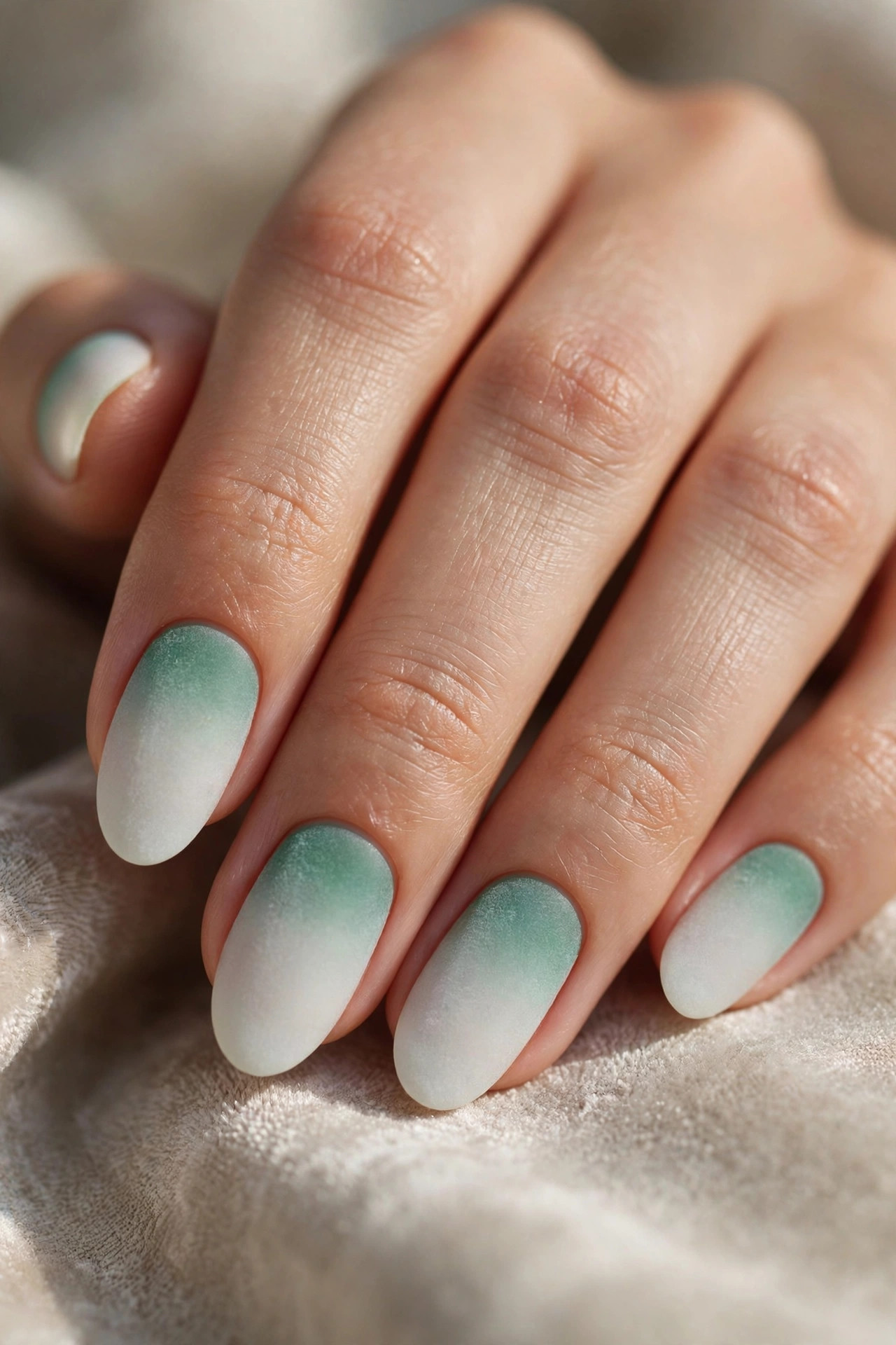 Sea-glass green to milky white ombre on almond nails