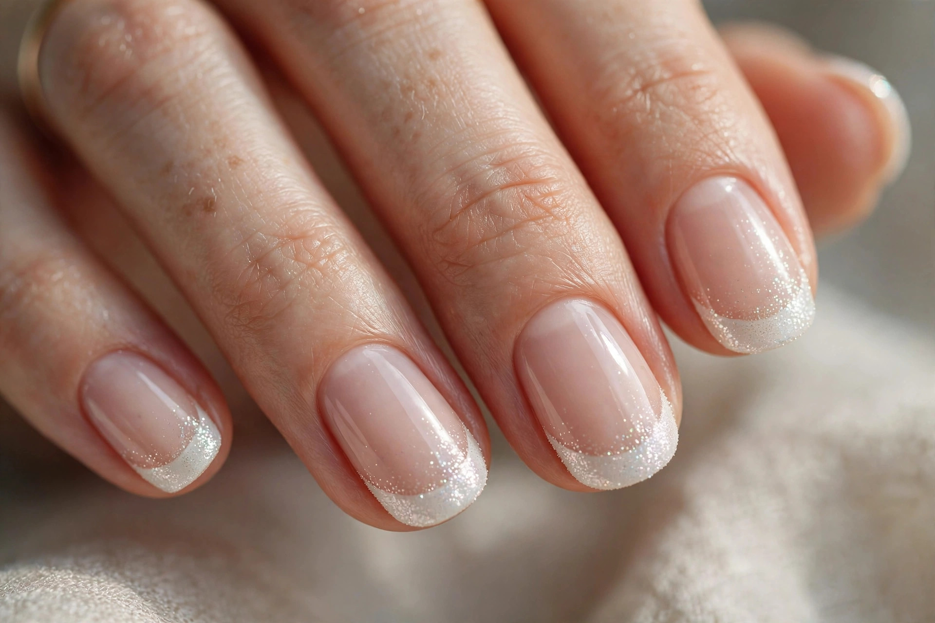 French manicure with pearlescent shimmer-dusted white tips