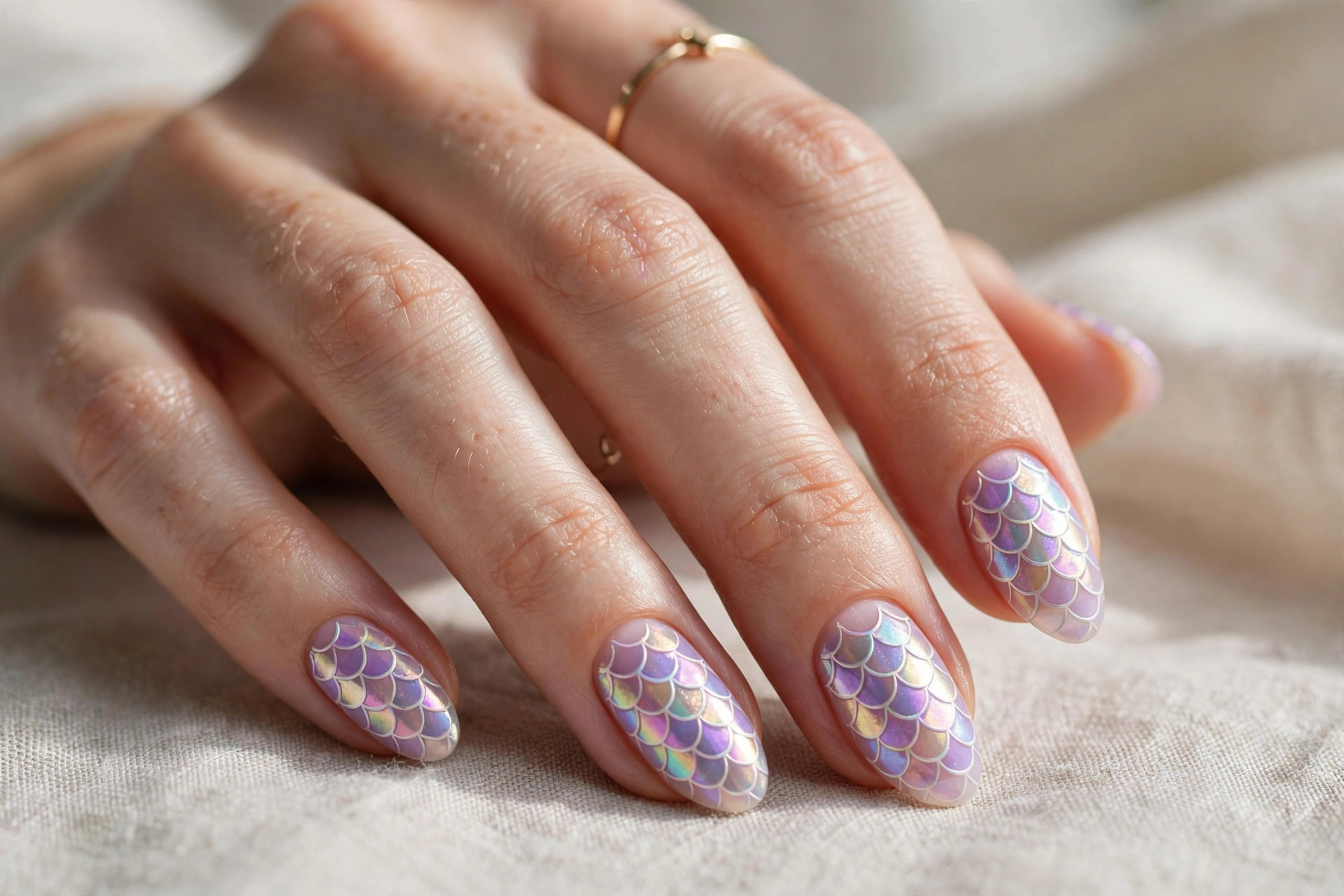 Iridescent mermaid scale nail art over sheer lilac base