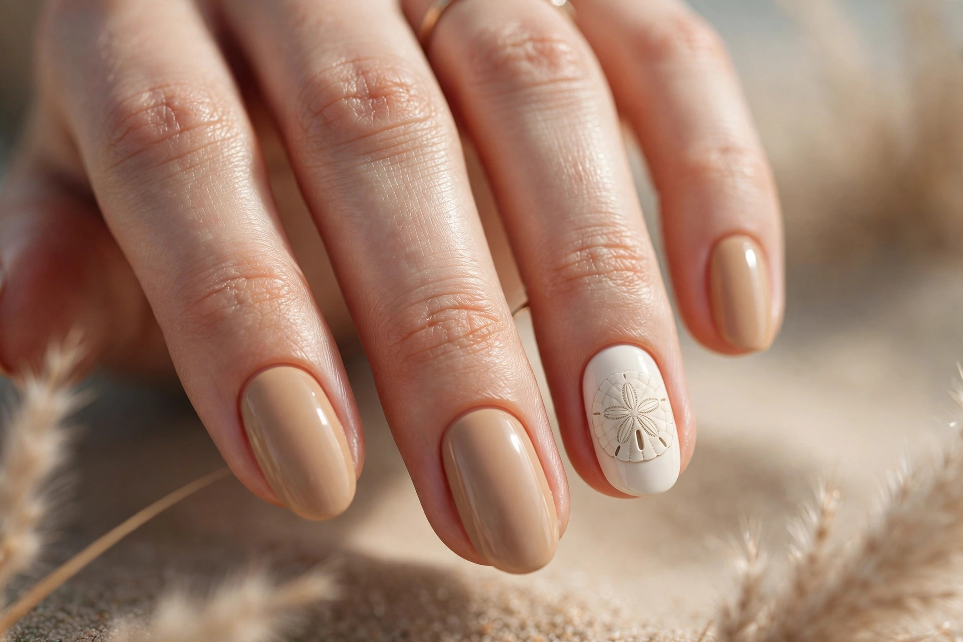 Sandy beige nails with ivory sand-dollar accent nail