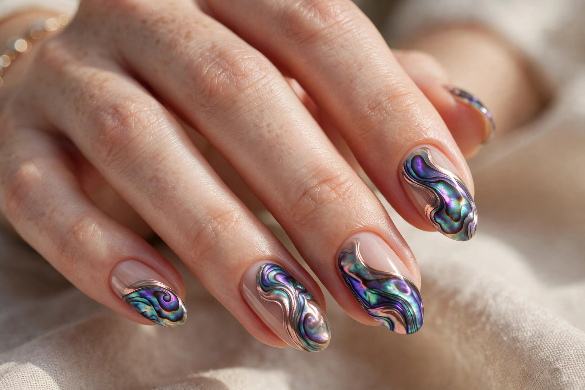 Violet teal and rose-gold abalone shell swirl nails