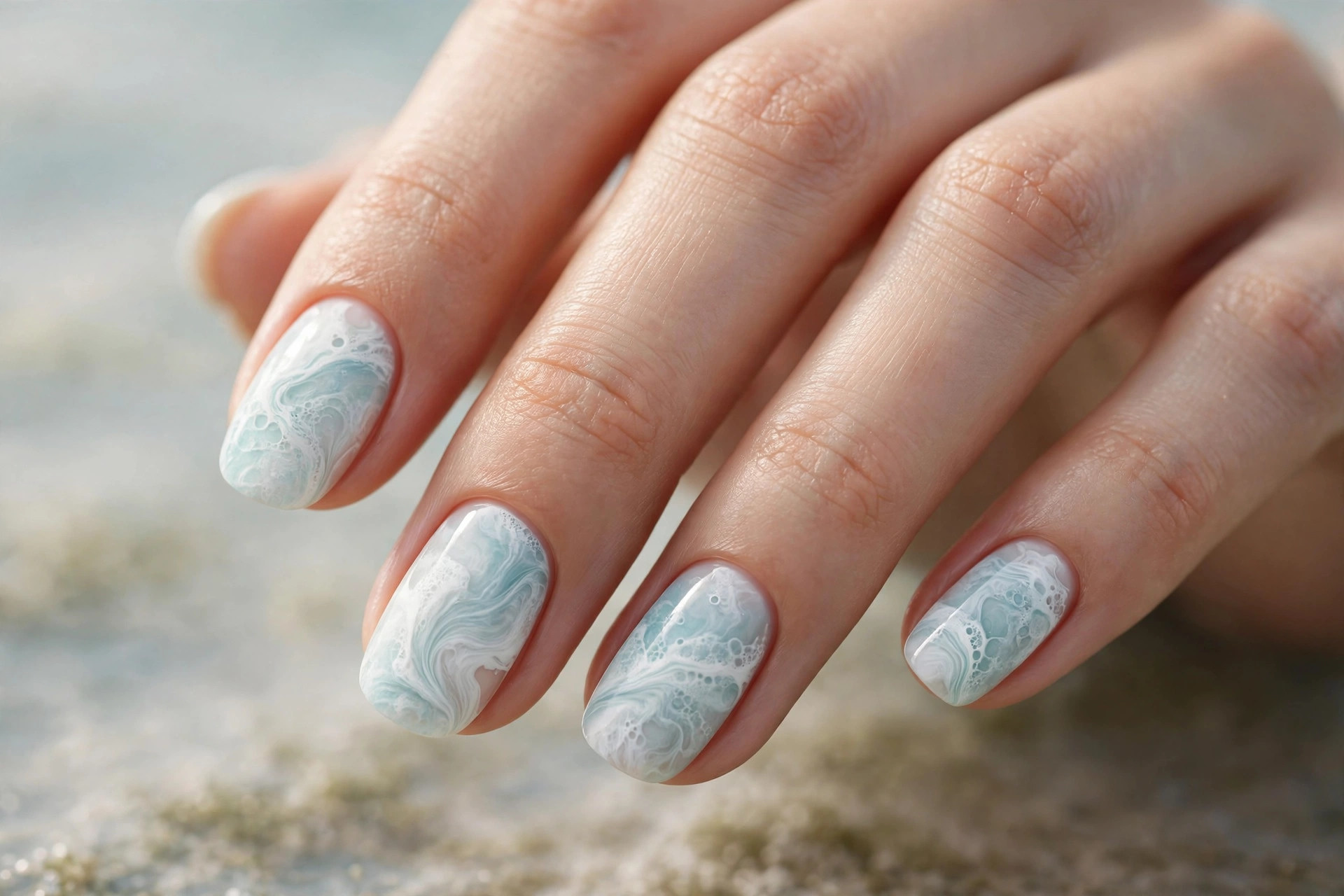 White and pale aqua sea-foam marble nail art